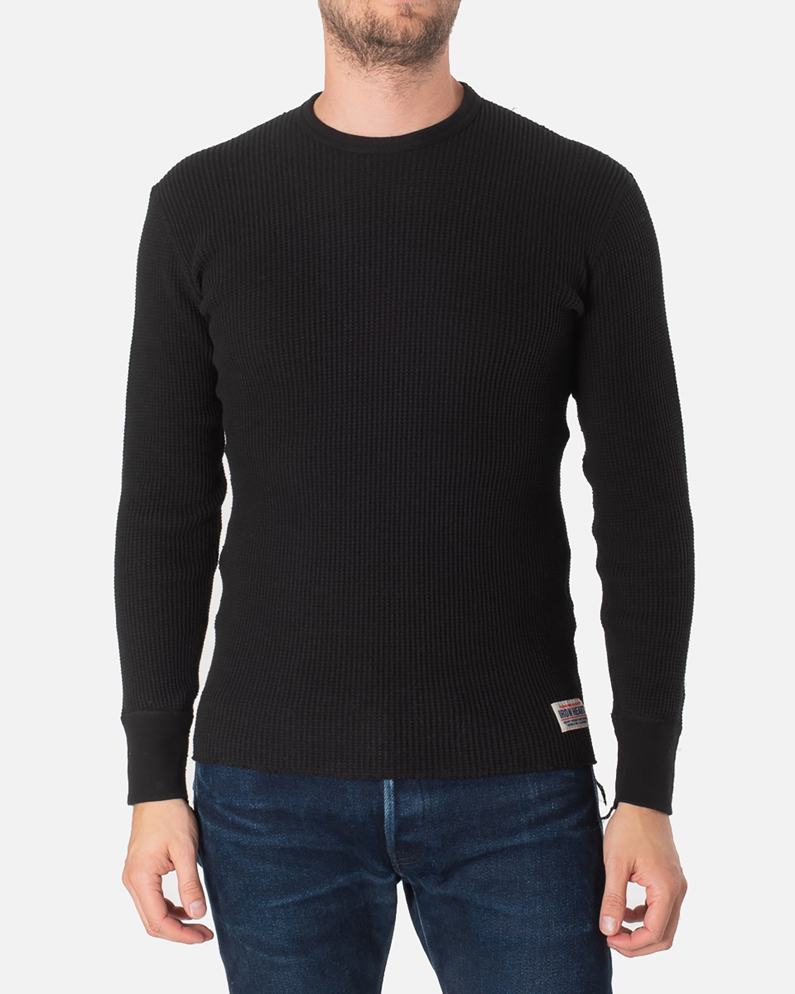 Waffle Knit Long Sleeved Crew Neck Thermal Top - Black