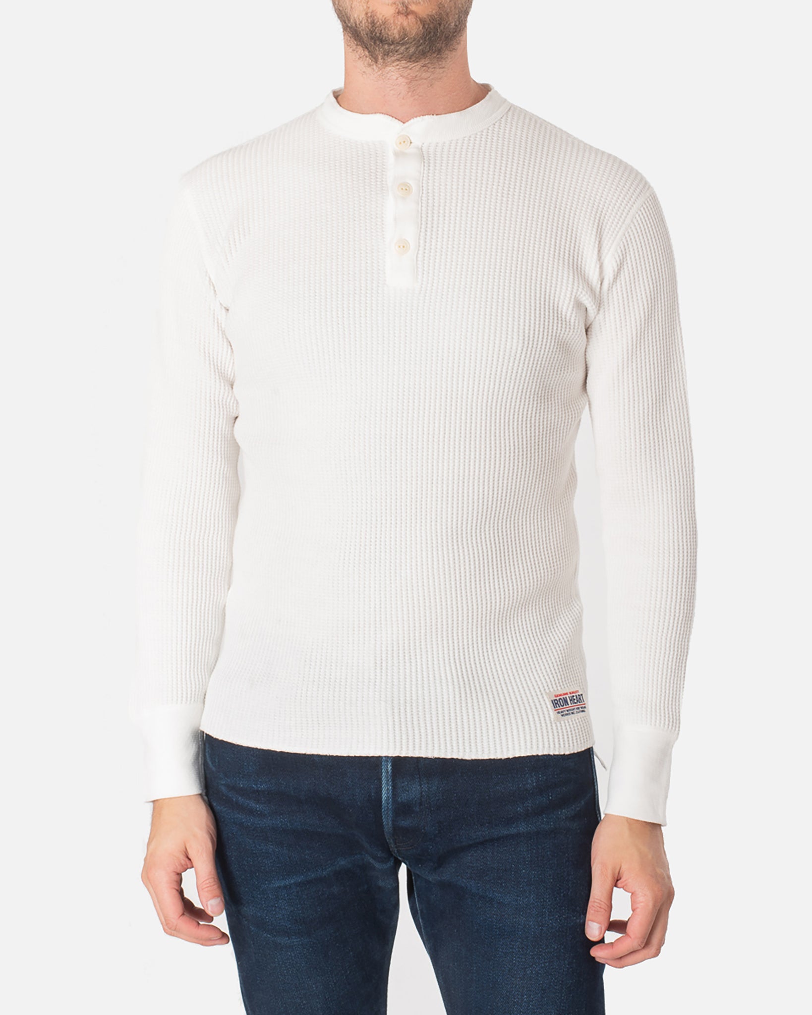 Waffle Knit Long Sleeved Thermal Henley - White