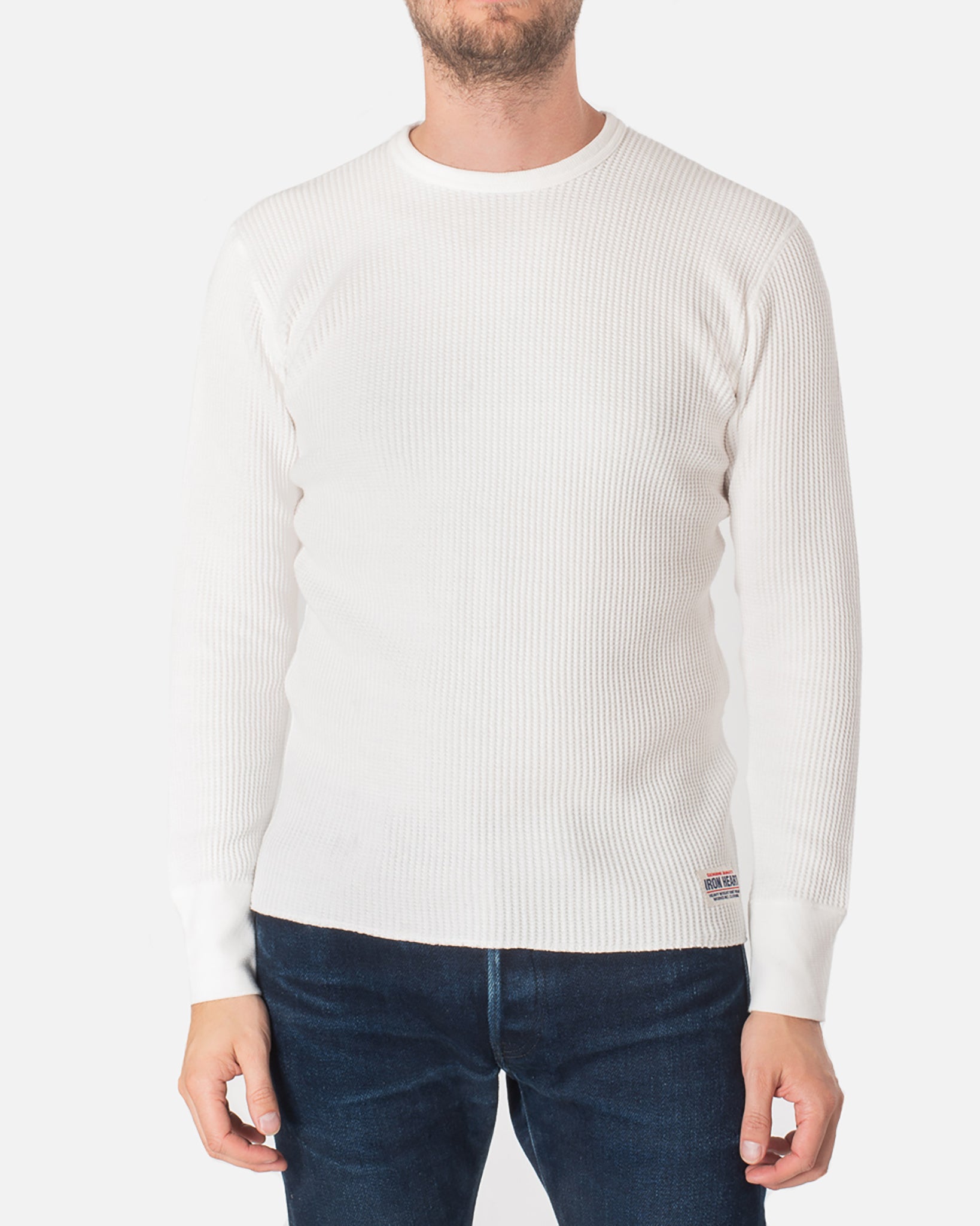 Waffle Knit Long Sleeved Crew Neck Thermal Top White
