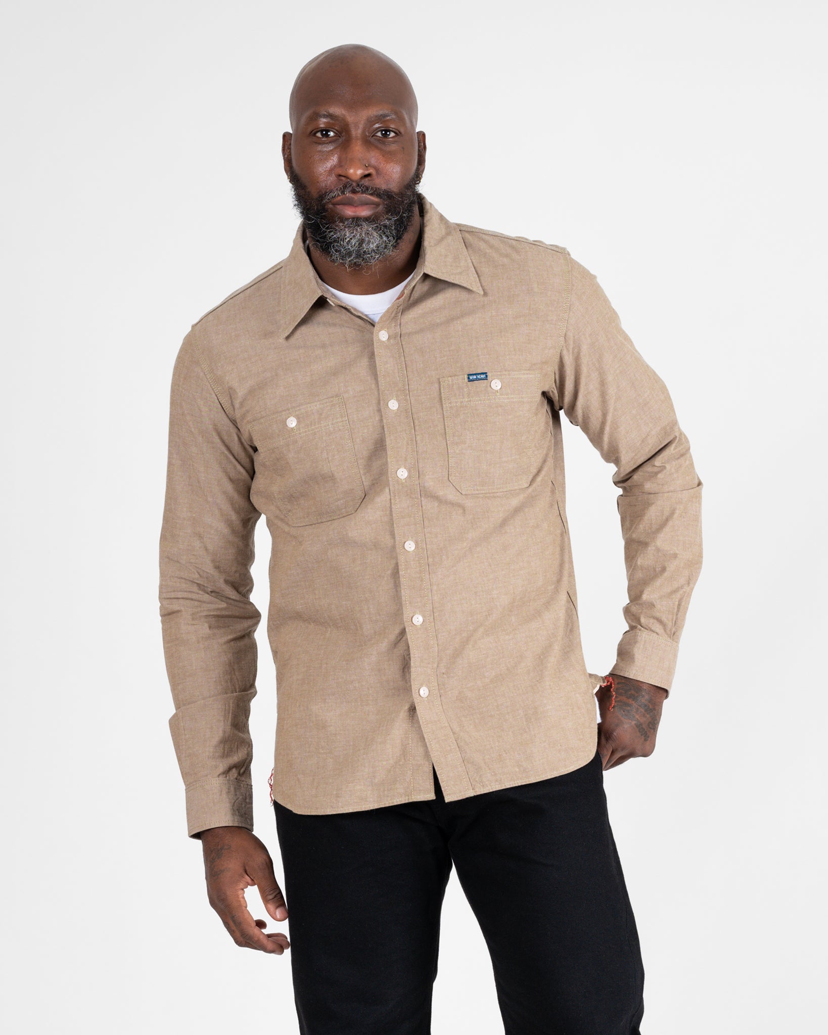 『TEN WORK SHIRT KHAKI S』 Iron Heart - 10oz Selvedge Chambray Work Shirt - Khaki