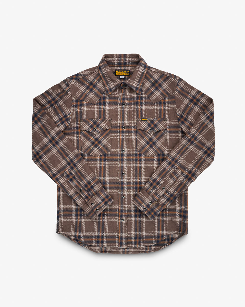 Slubby Heavy Flannel Check Western Shirt - Brown