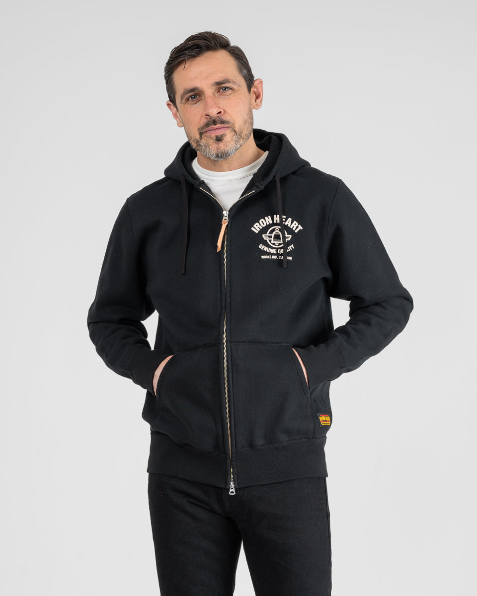 Printed 14oz Ultra Heavyweight Loopwheel Cotton Zippered Hoodie - Black