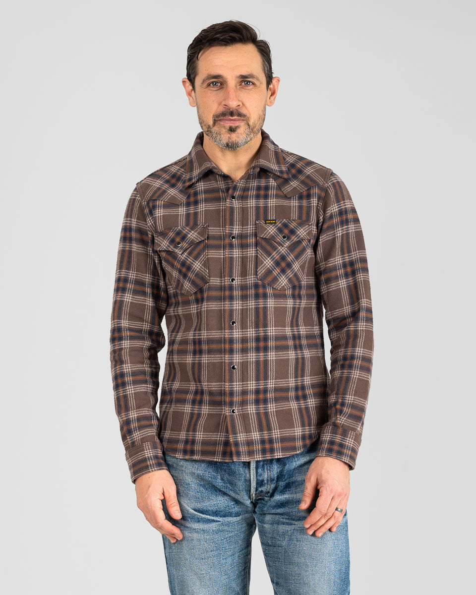 Slubby Heavy Flannel Check Western Shirt - Brown