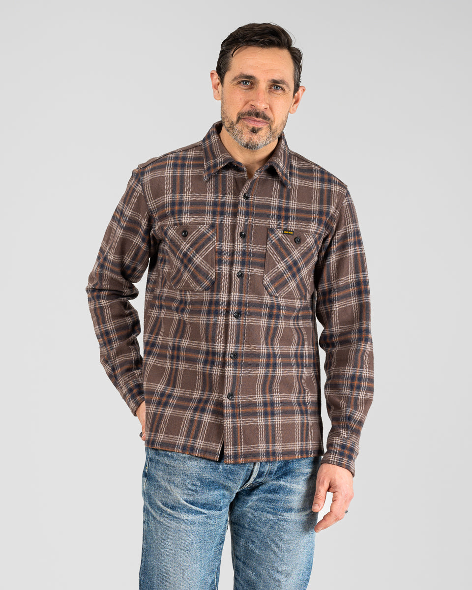 Slubby Heavy Flannel Check Work Overshirt - Brown