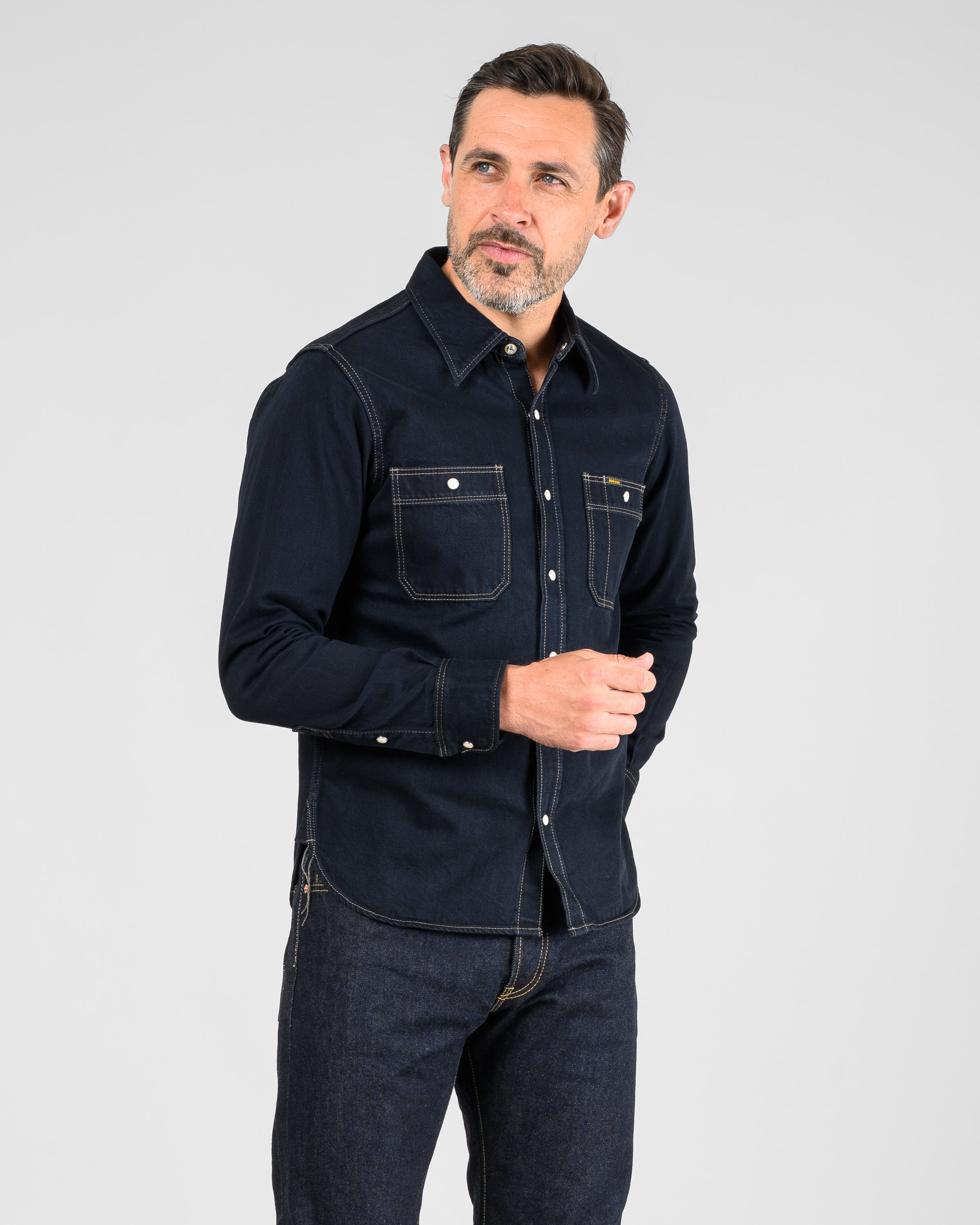 12oz Selvedge Denim Work Shirt With Snaps - Indigo Overdyed Black