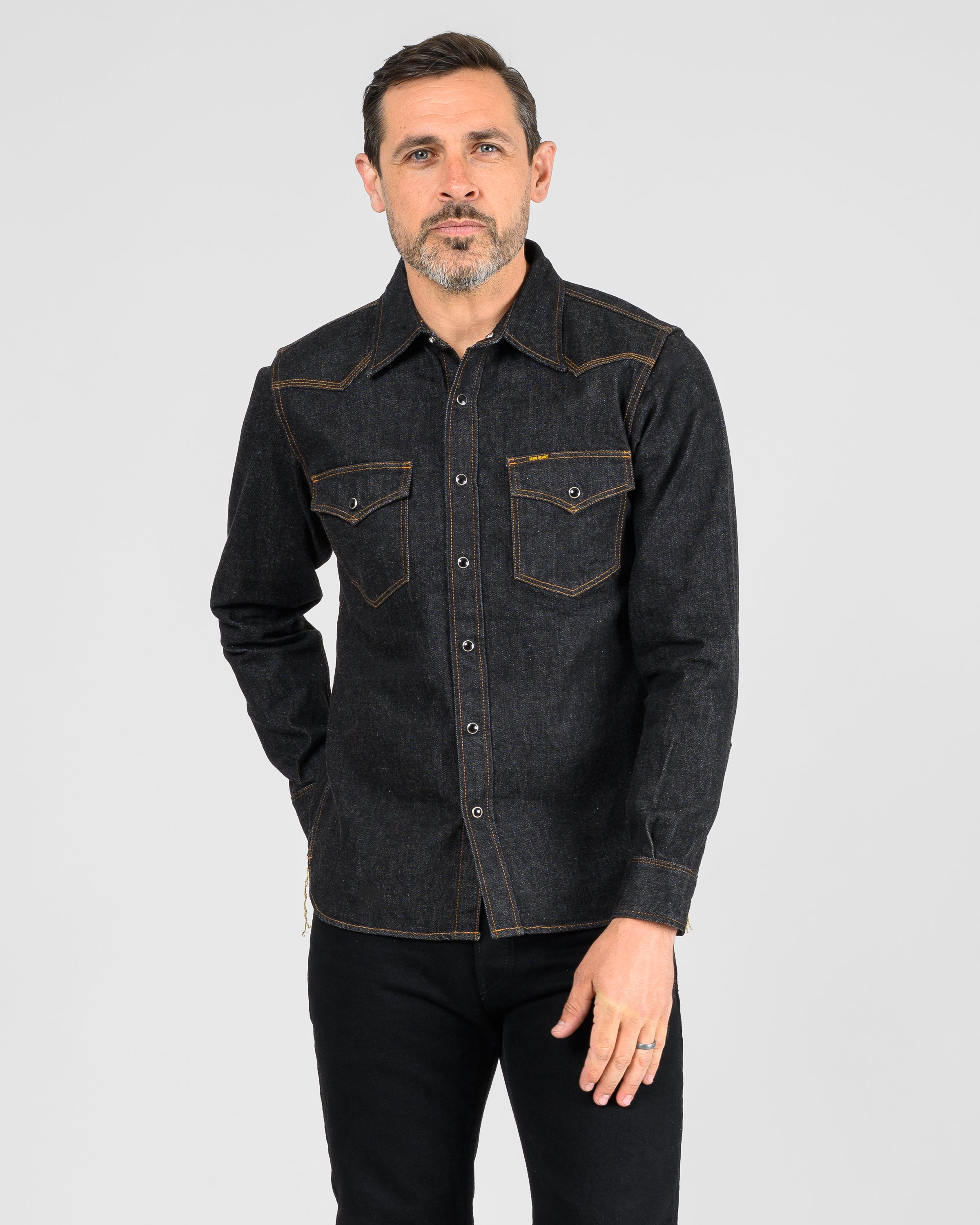 Iron Heart 12oz Selvedge Denim Western Shirt - Black With
