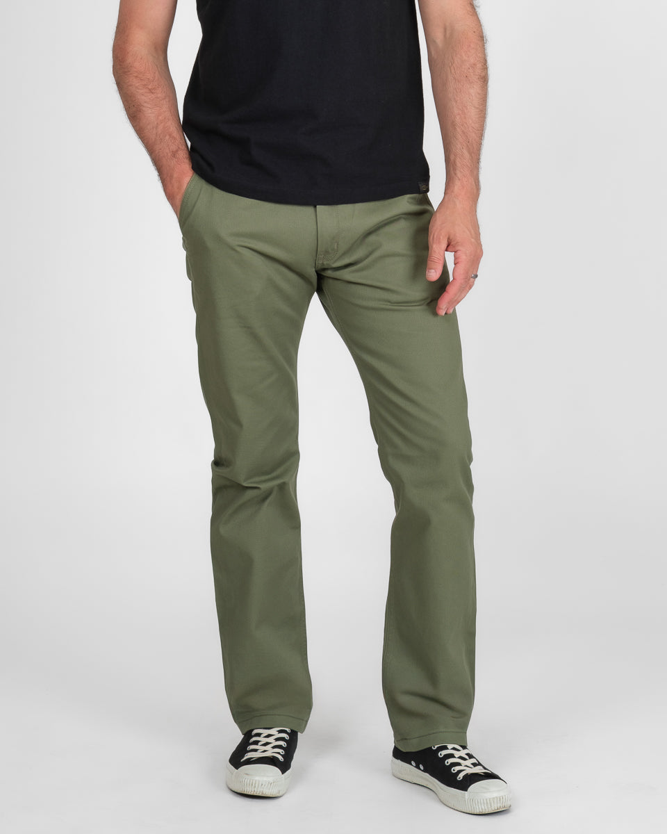 9oz Mercerised Selvedge Cotton Relaxed Tapered Cut Chinos - Olive