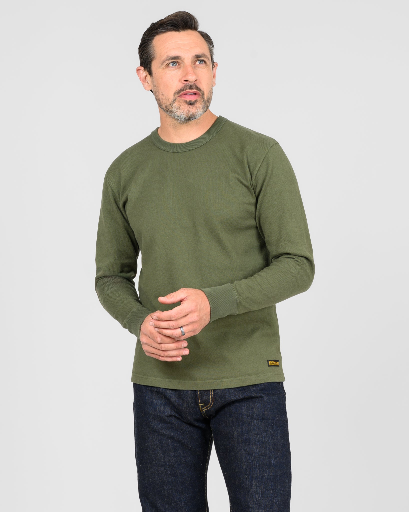 11oz Cotton Knit Long Sleeved Crew Neck Sweater - Olive