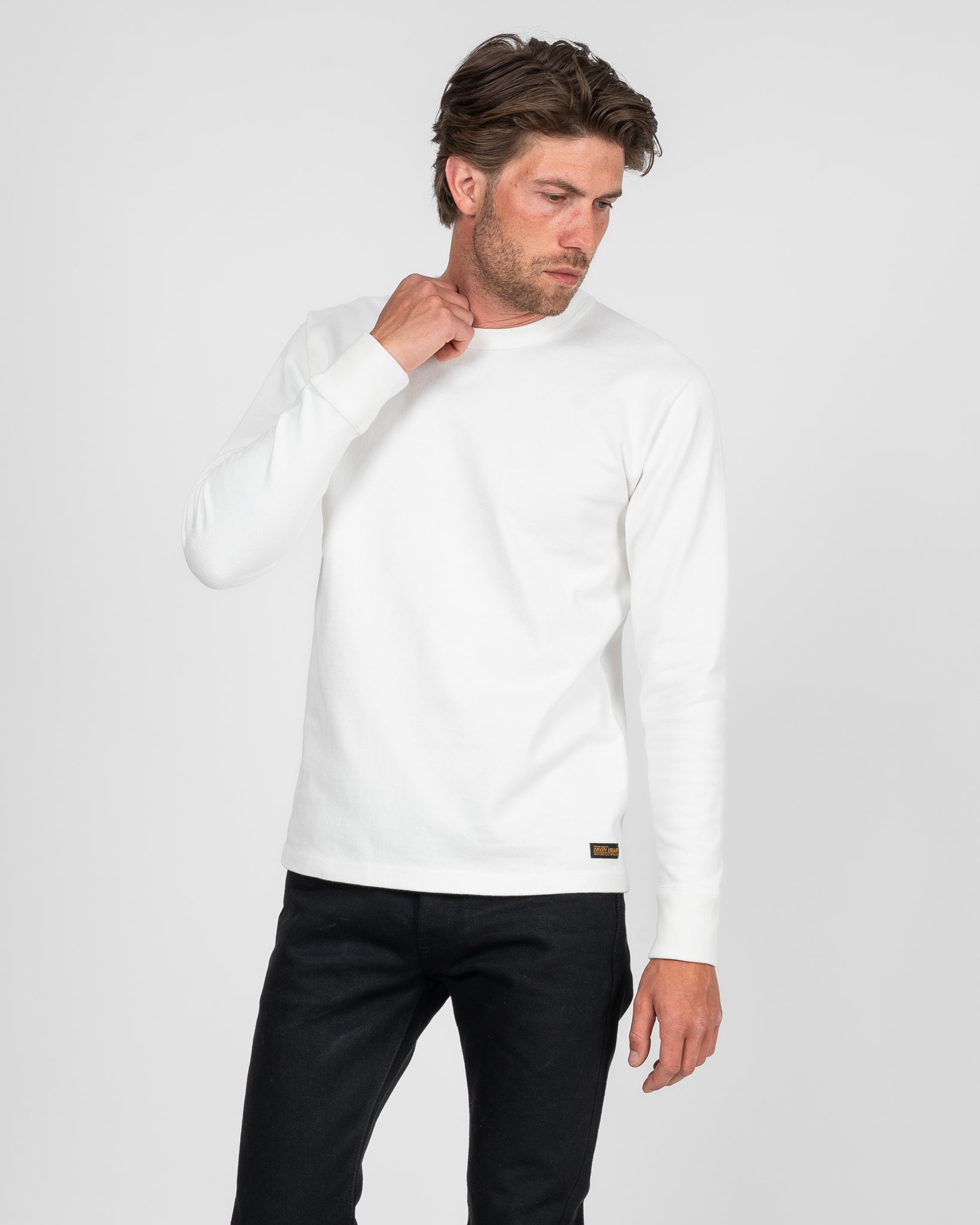 11oz Cotton Knit Long Sleeved Crew Neck Sweater - White
