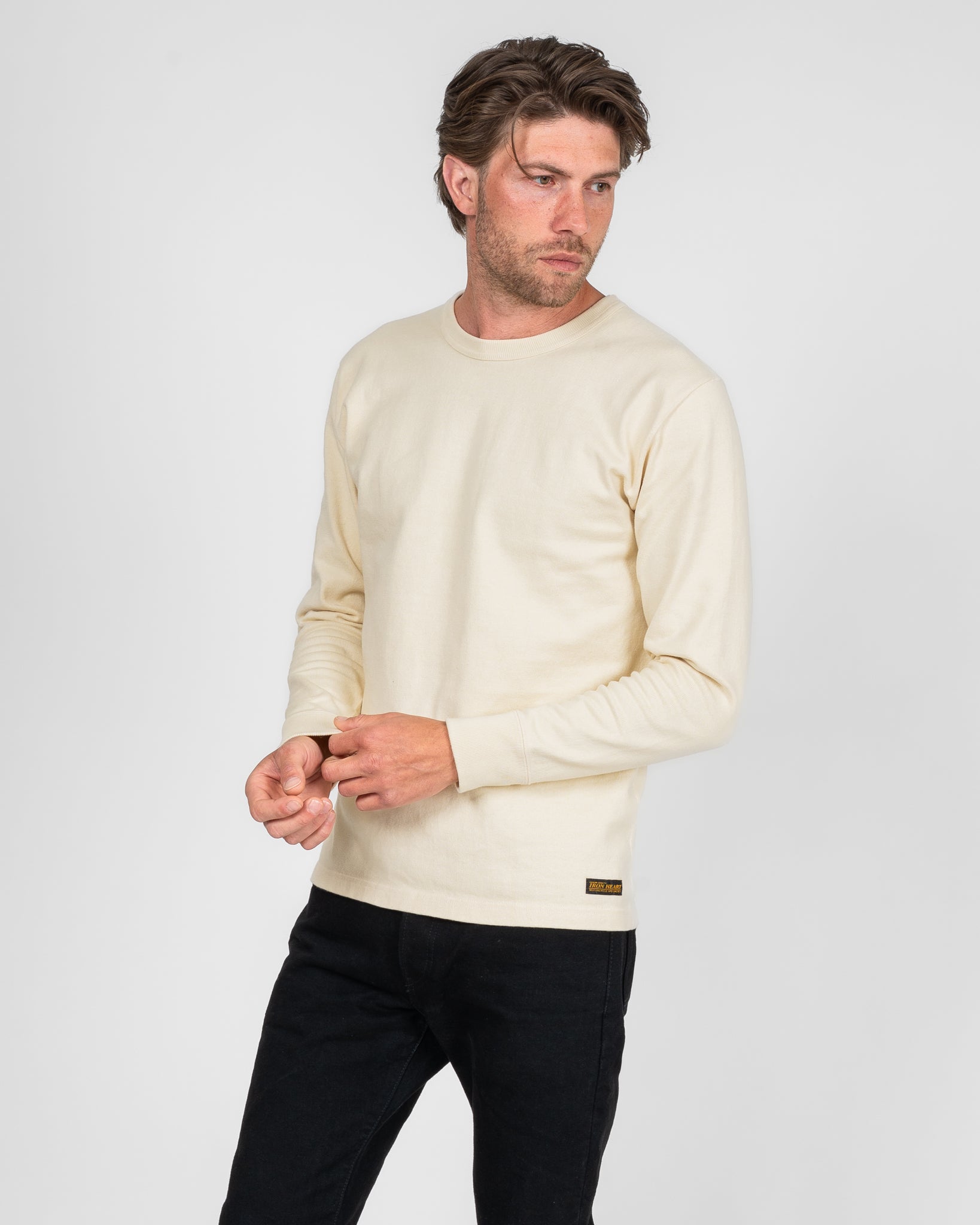 11oz Cotton Knit Long Sleeved Crew Neck Sweater - Cream