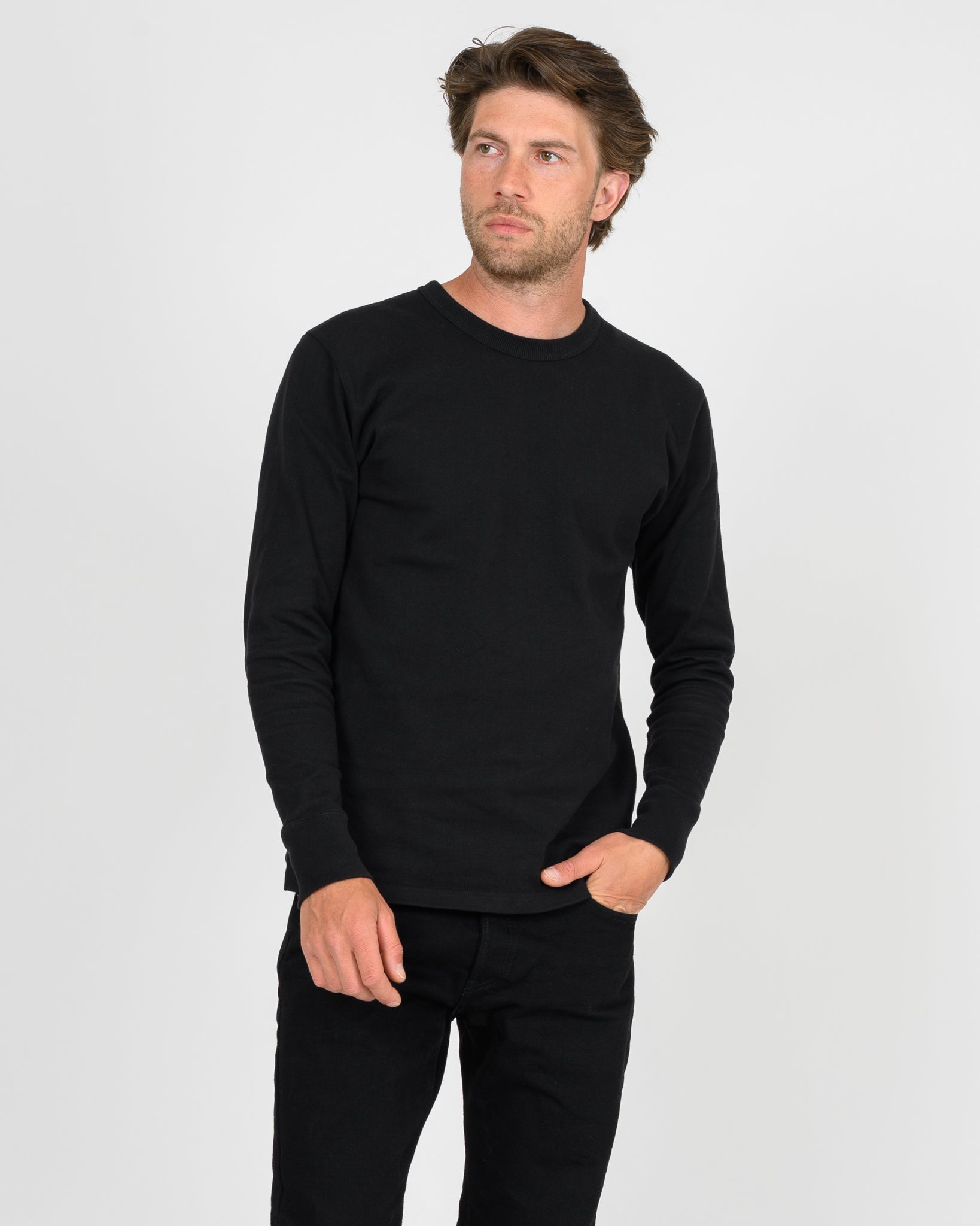 11oz Cotton Knit Long Sleeved Crew Neck Sweater - Black