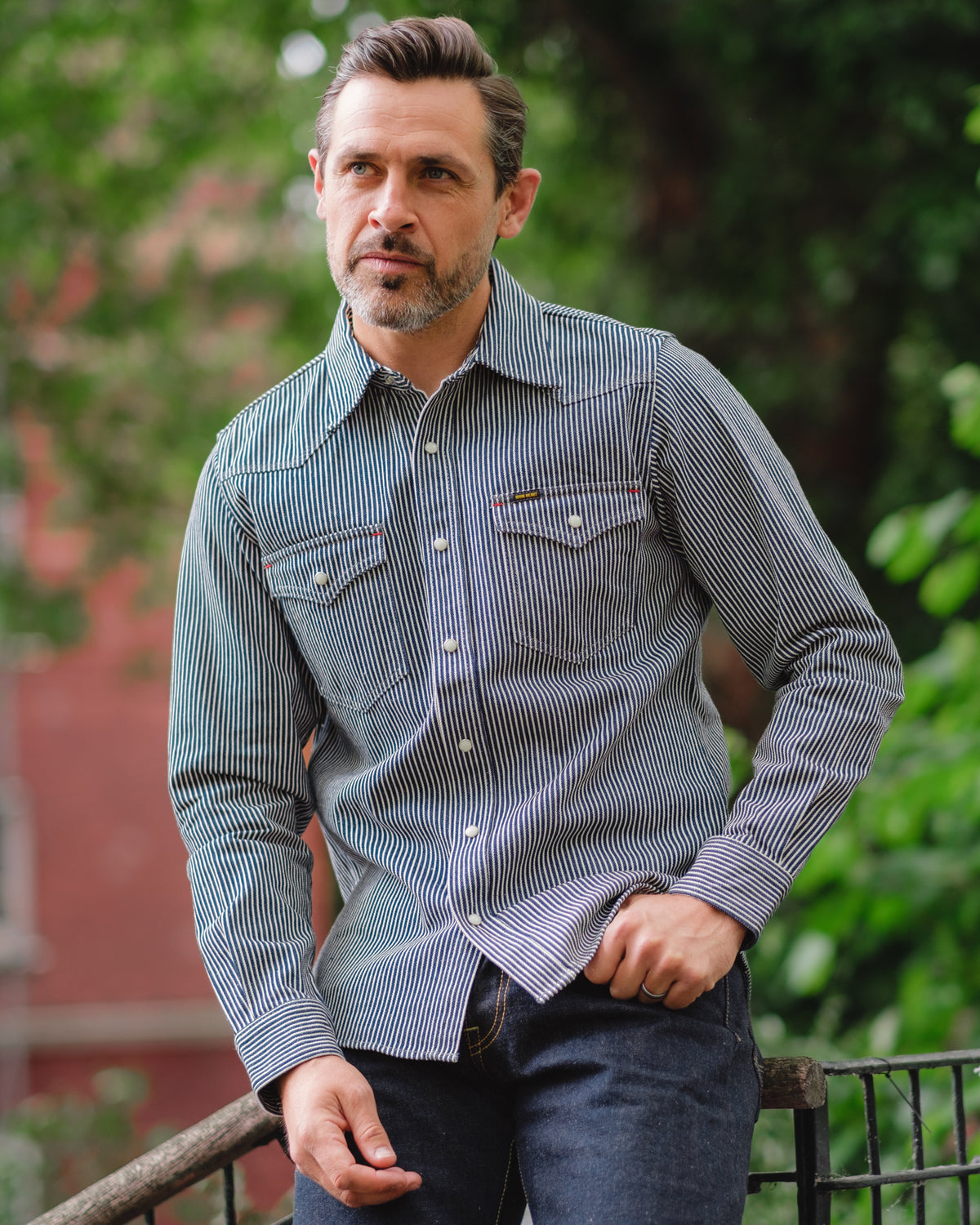 Iron Heart Japanese Hickory Stripe Western Shirt - Indigo