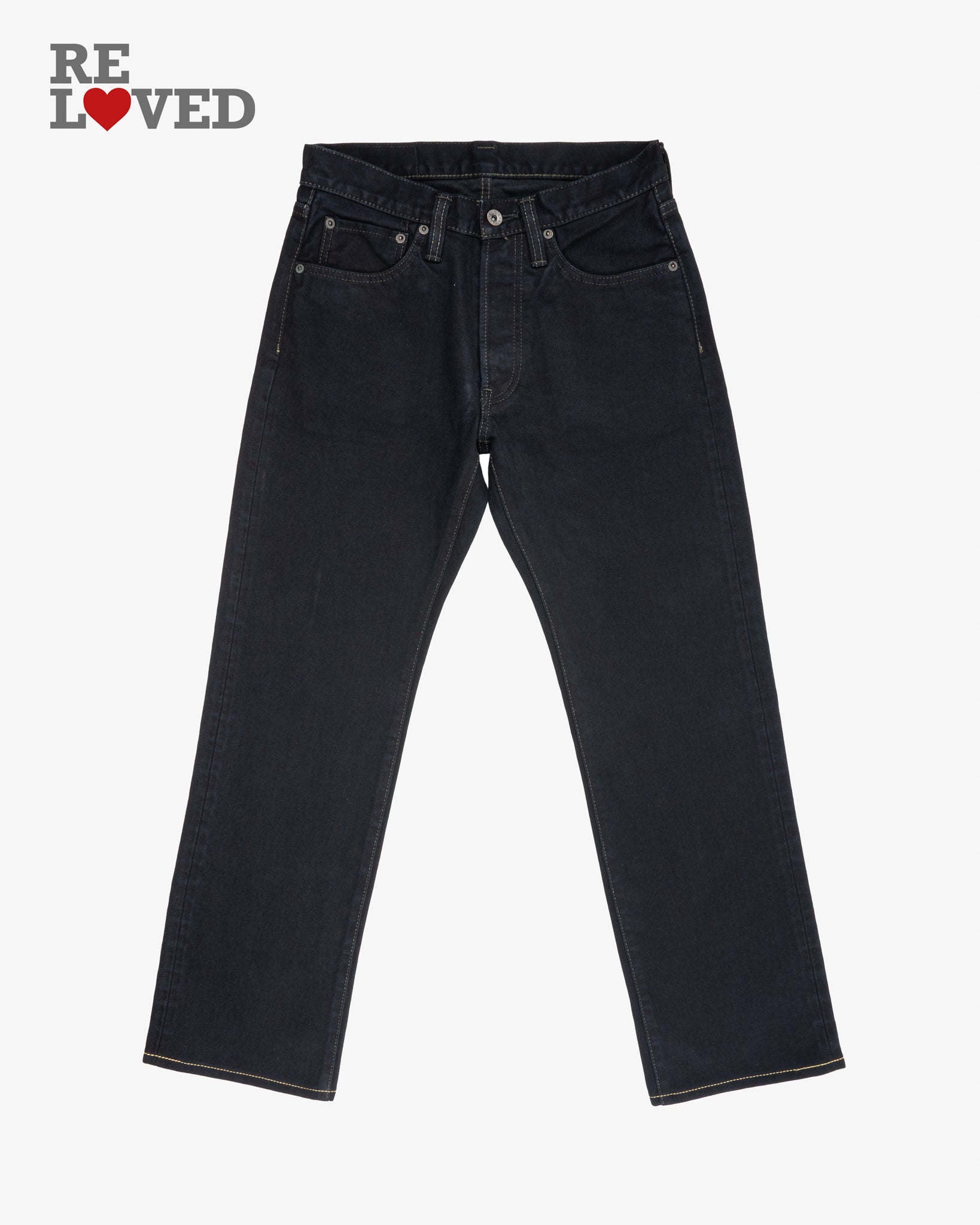 14oz Broken Twill Selvedge Denim Straight Cut Jeans - Indigo Overdyed Black (IH-634SBR-14od) Tag 30, Hemmed to 29.0''