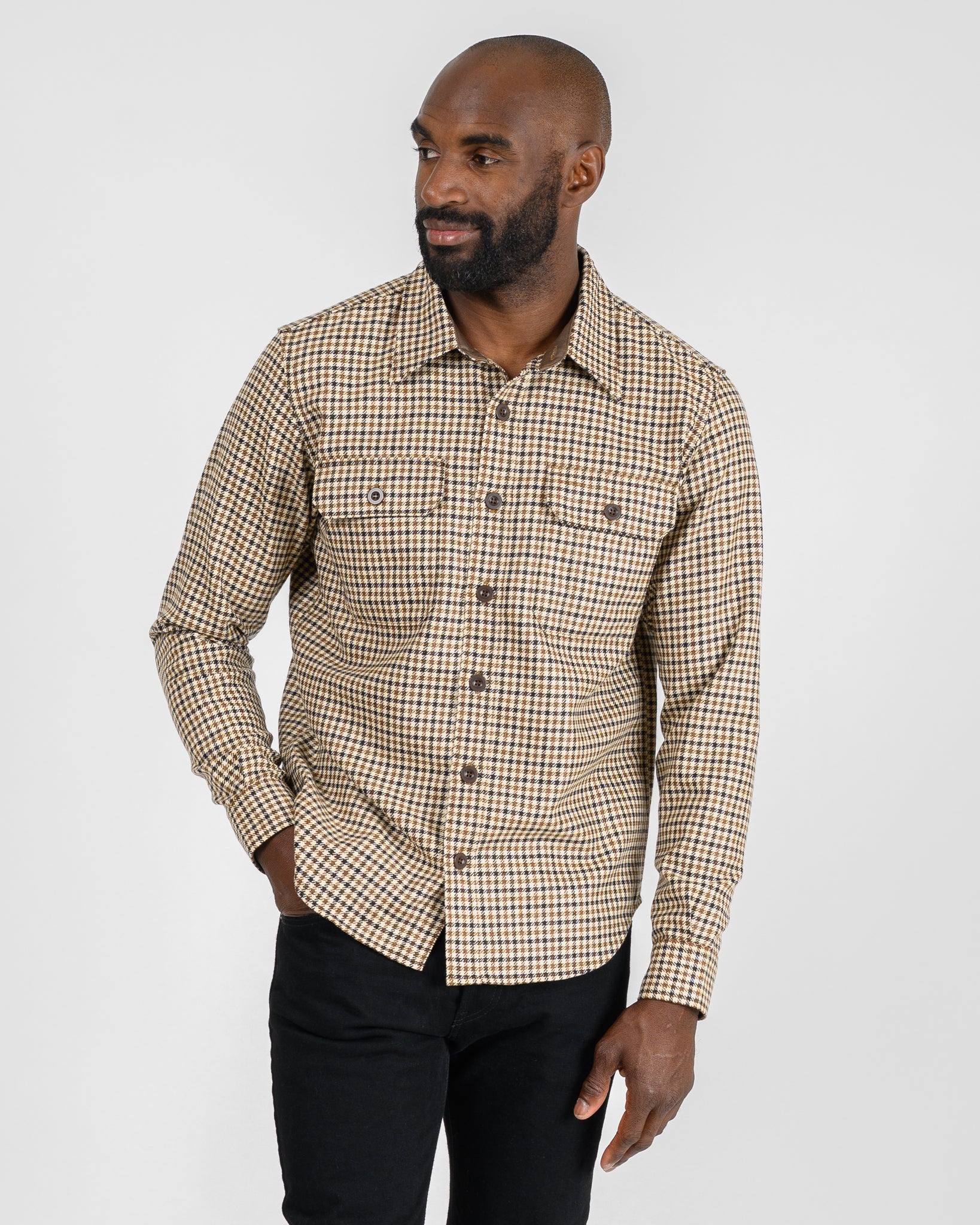 14oz Fox Brothers® Wool CPO Shirt - Saddle Brown Gun Club Twill Flannel