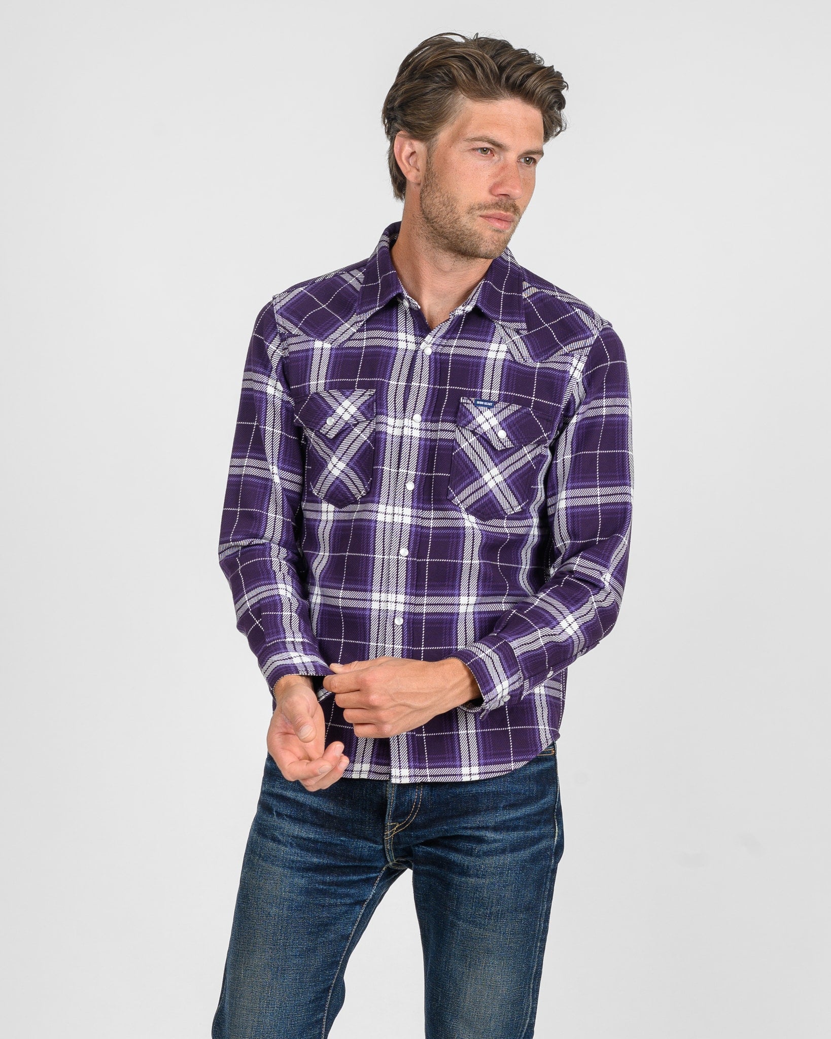9oz Selvedge Flannel Check Western Shirt - Purple
