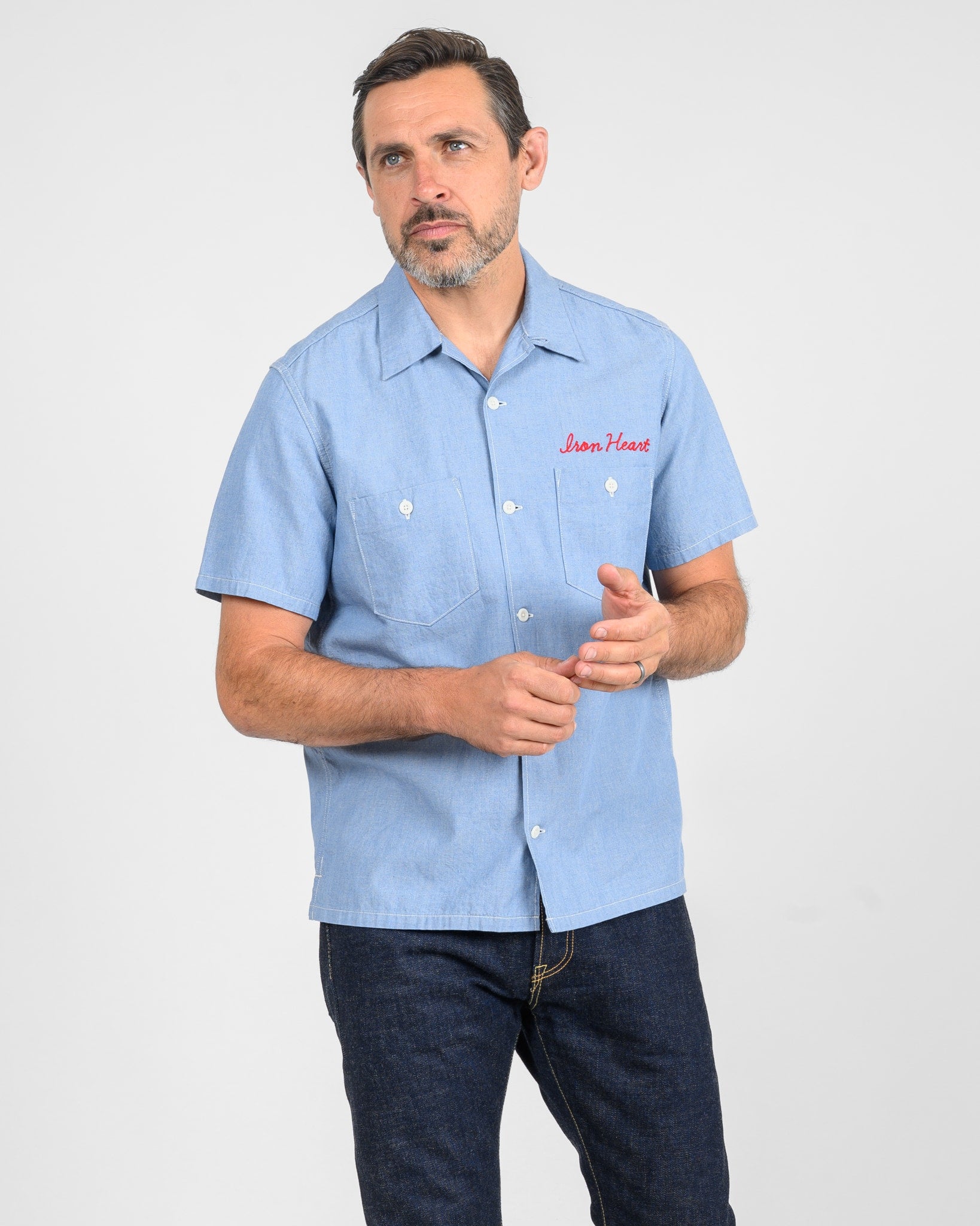 5oz Cotton Linen Open Collar Short Sleeve Shirt - Sax Blue