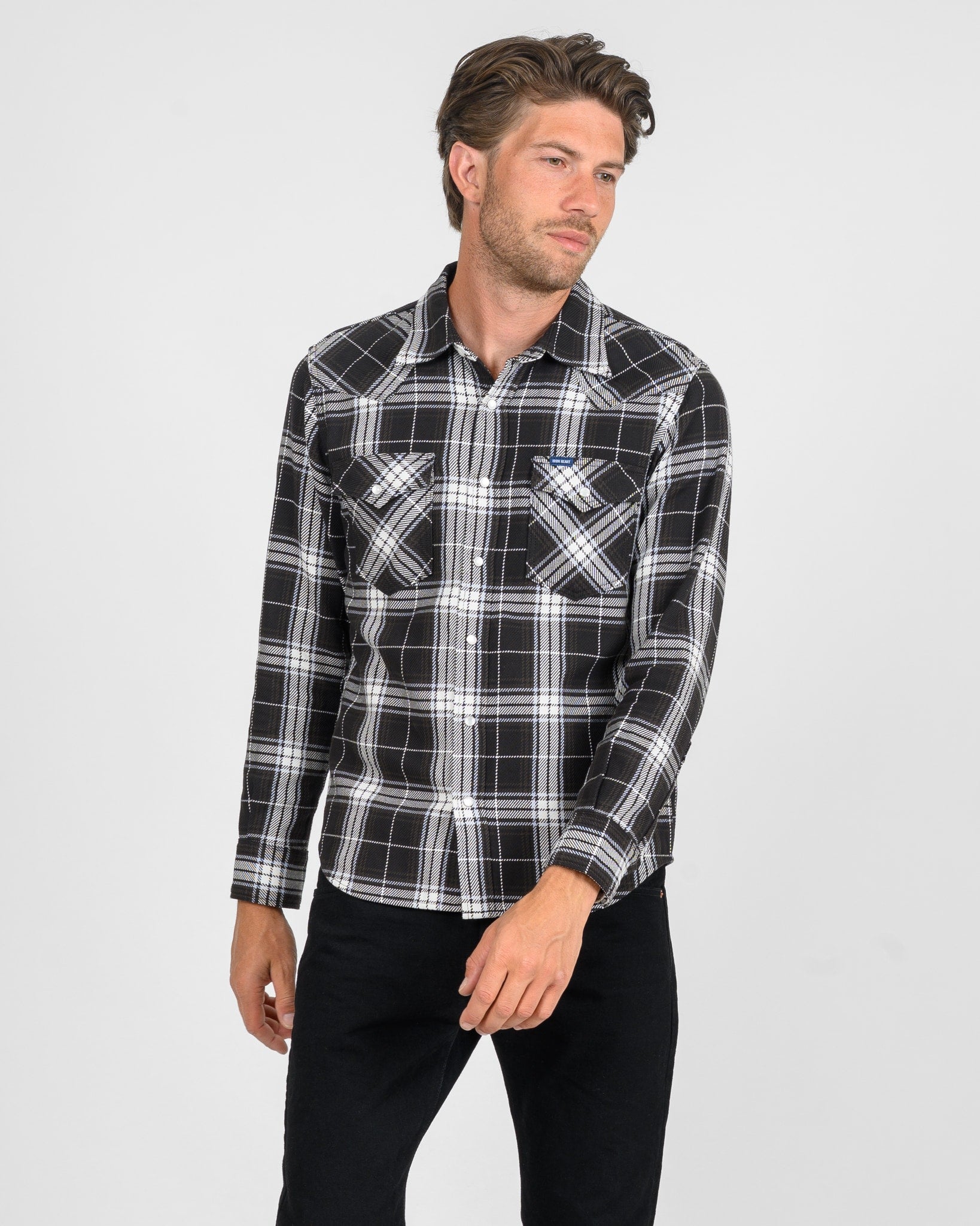 9oz Selvedge Flannel Check Western Shirt - Black