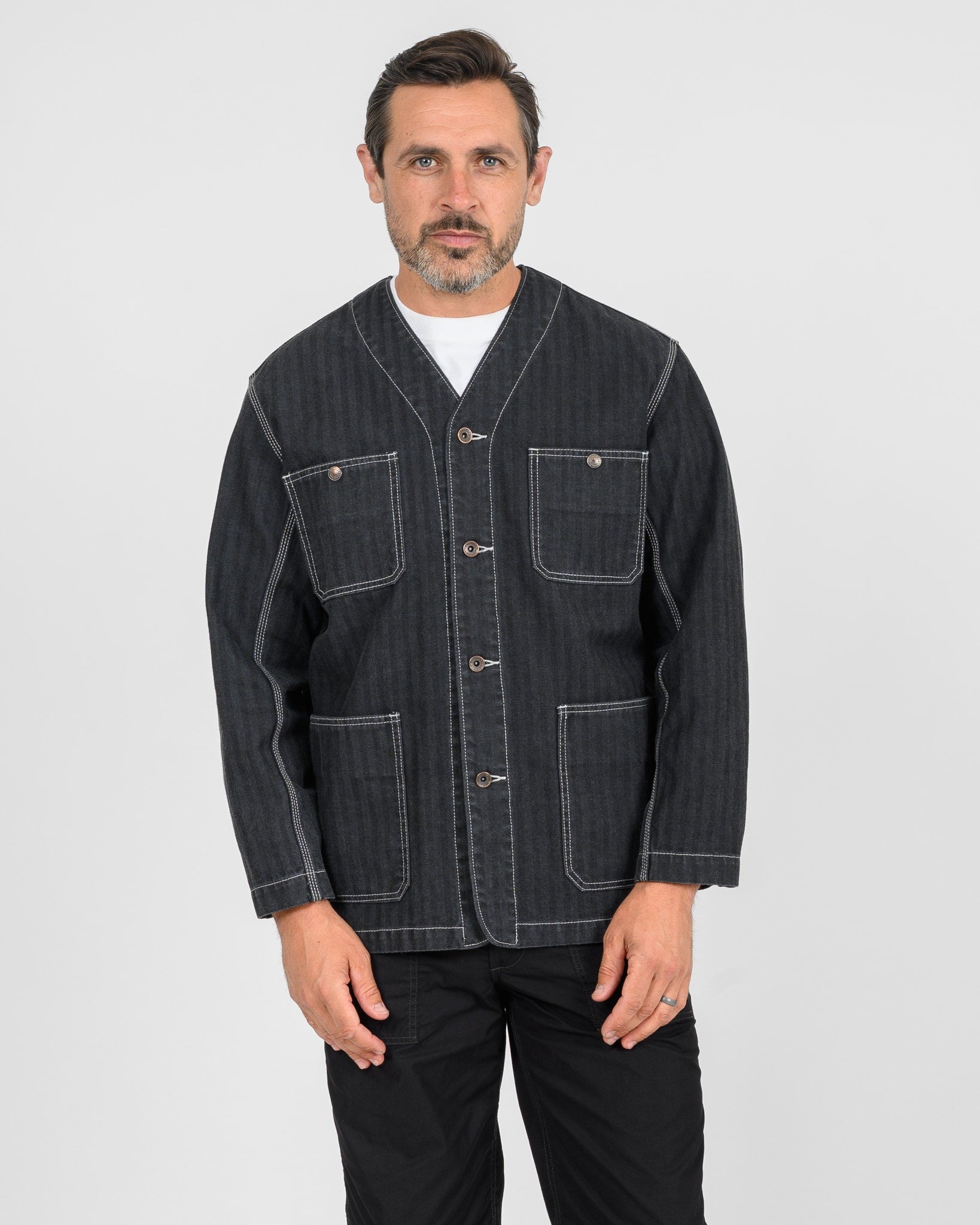 10.5oz Herringbone Collarless Chore Jacket - Black Overdyed Black