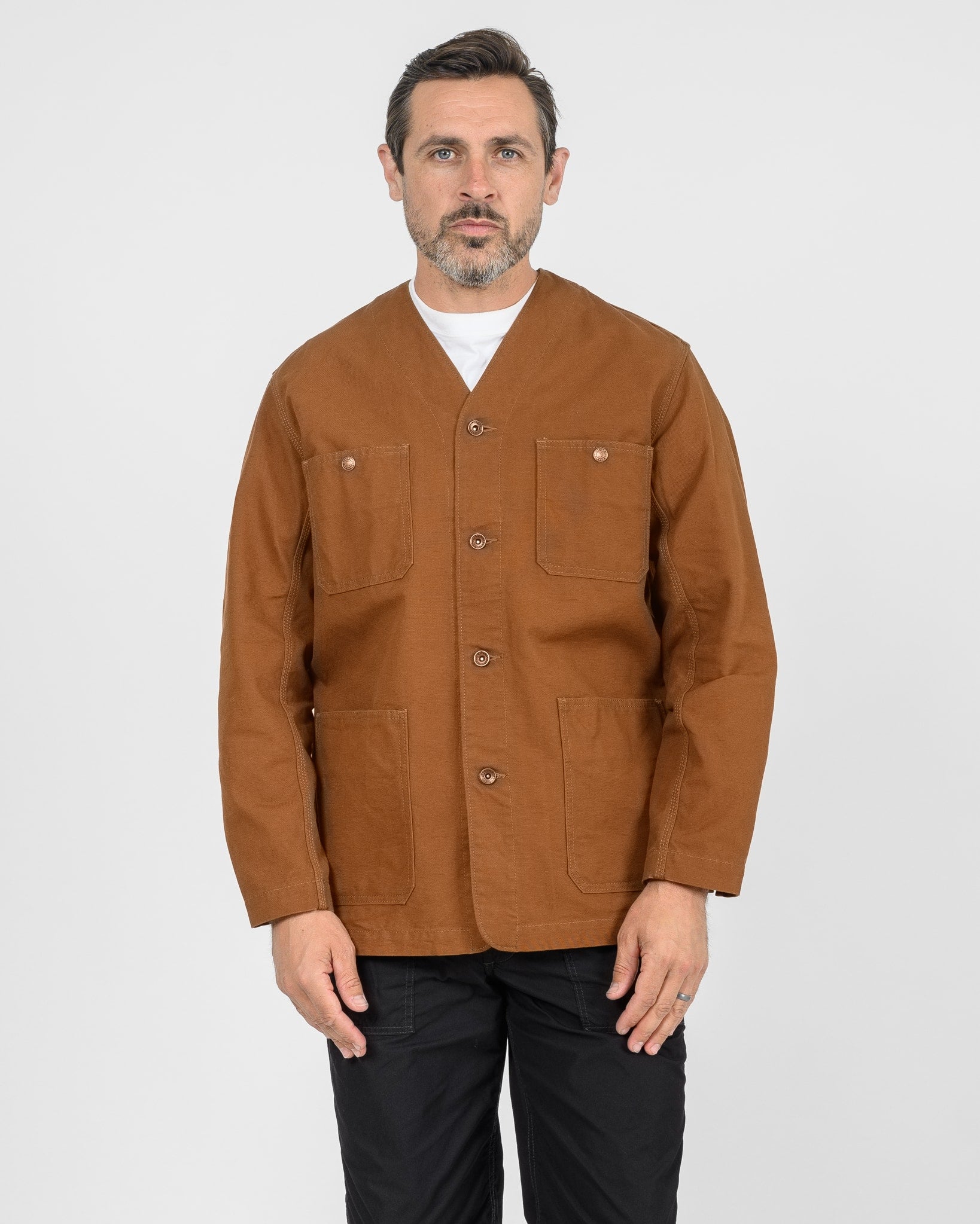 13.5oz Duck Collarless Chore Jacket - Brown