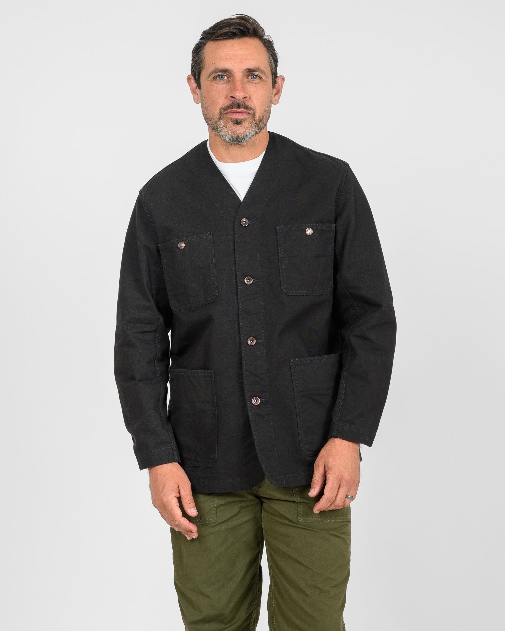 13.5oz Duck Collarless Chore Jacket - Black