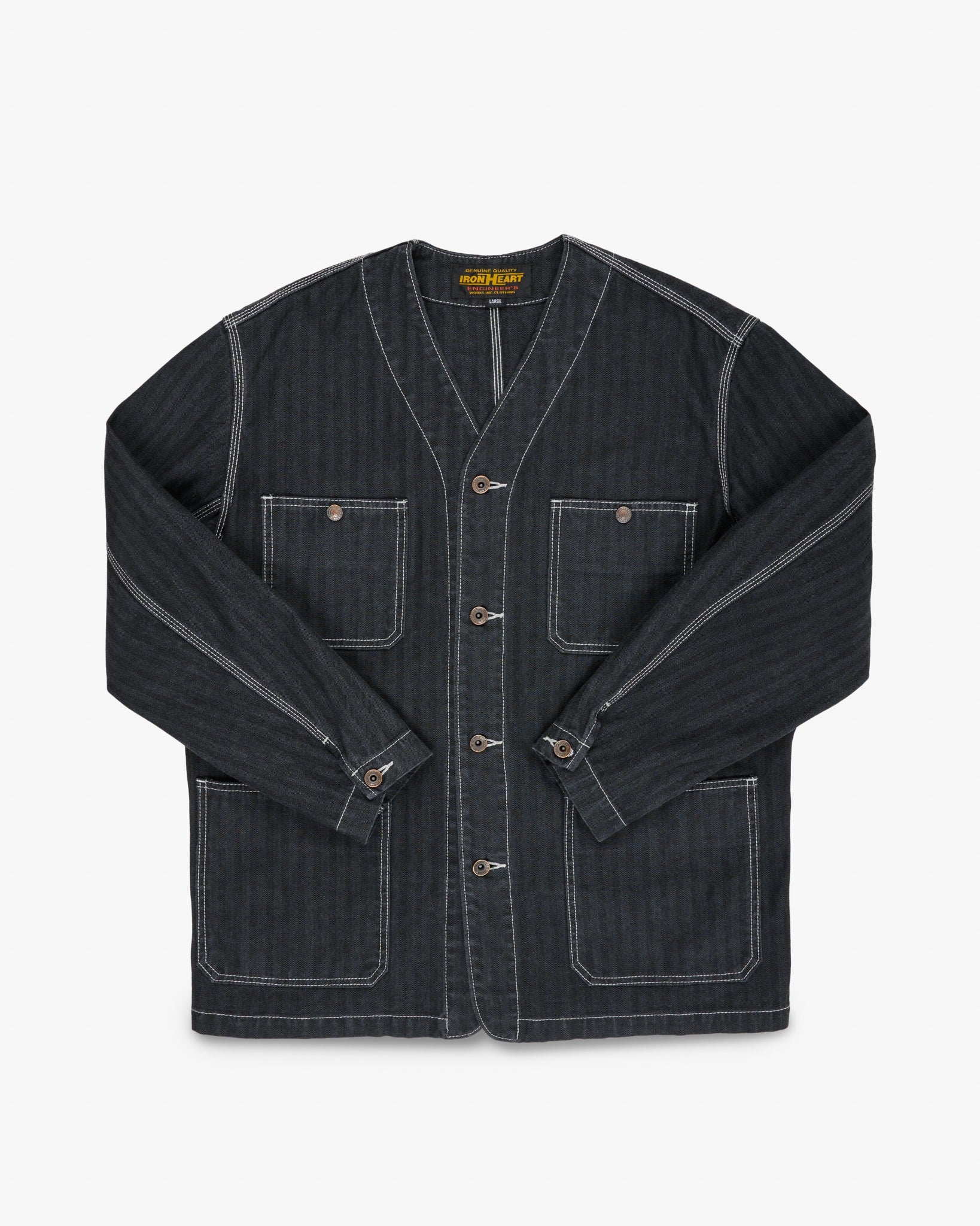 10.5oz Herringbone Collarless Chore Jacket - Black Overdyed Black
