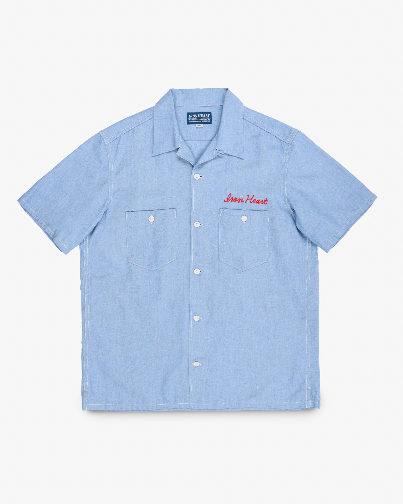 5oz Cotton Linen Open Collar Short Sleeve Shirt - Sax Blue