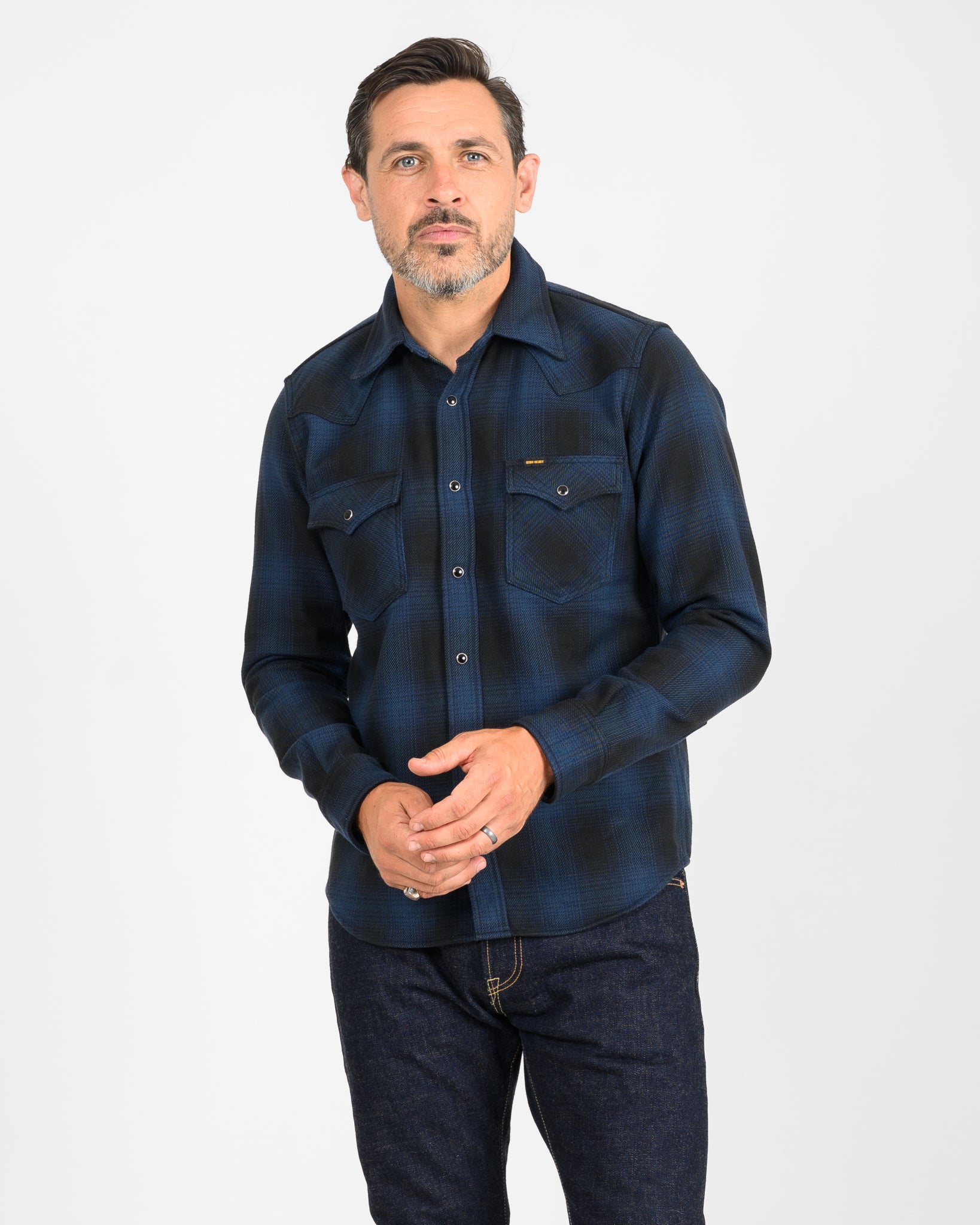 Ultra Heavy Flannel Ombré Check Western Shirt - Navy/Black