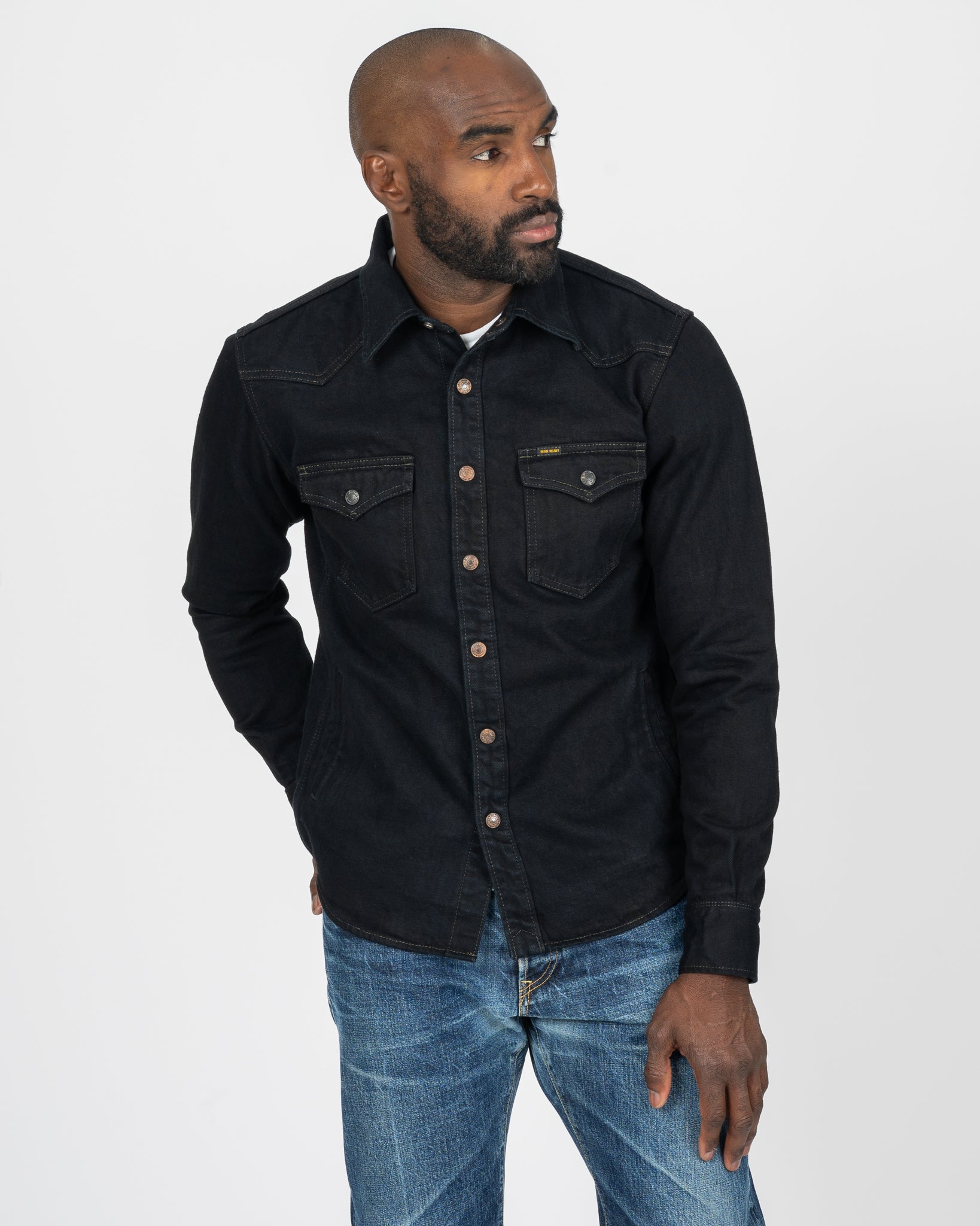 Iron Heart 18oz Selvedge Denim CPO Shirt - Indigo Overdyed Black