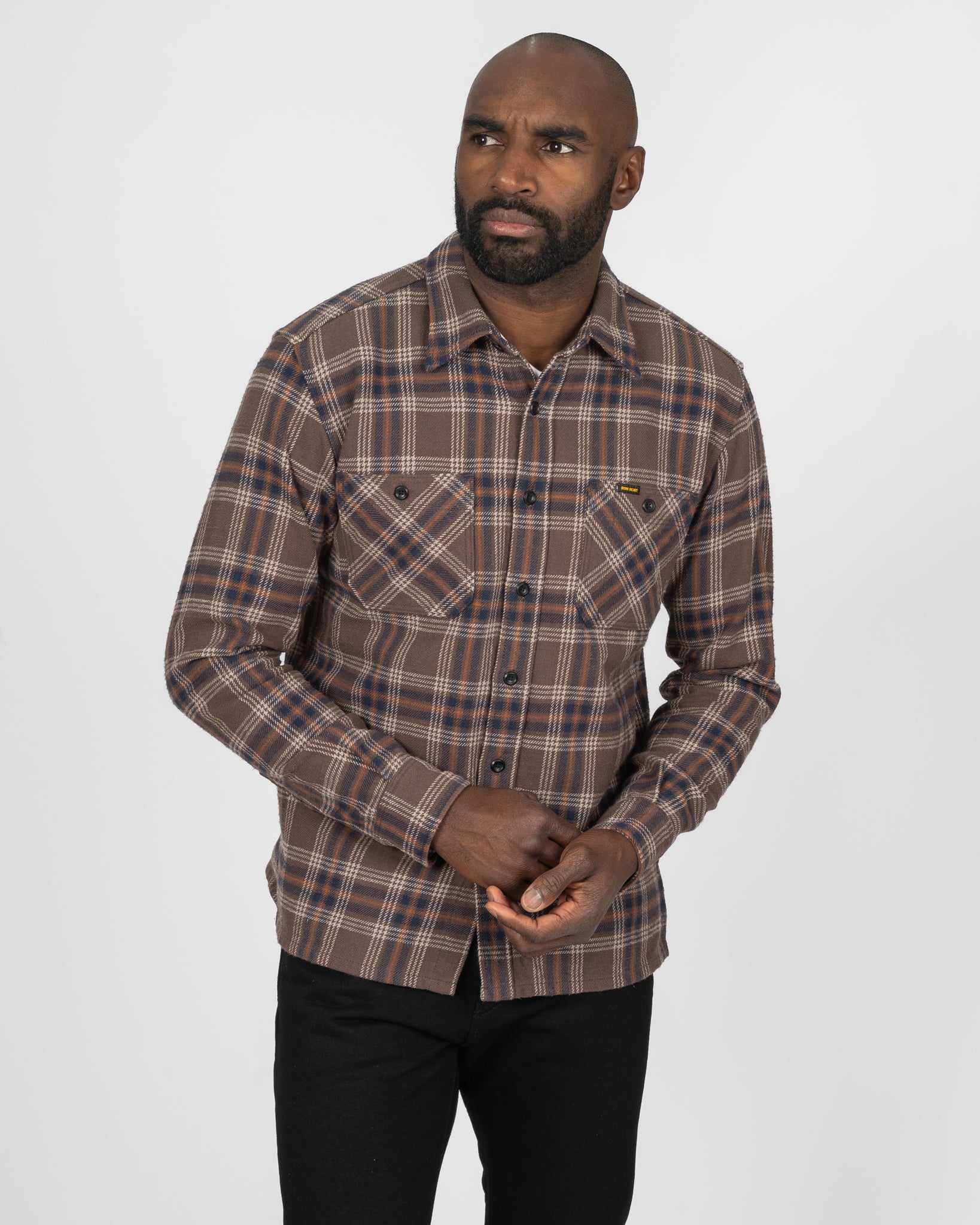 Slubby Heavy Flannel Check Work Overshirt - Brown