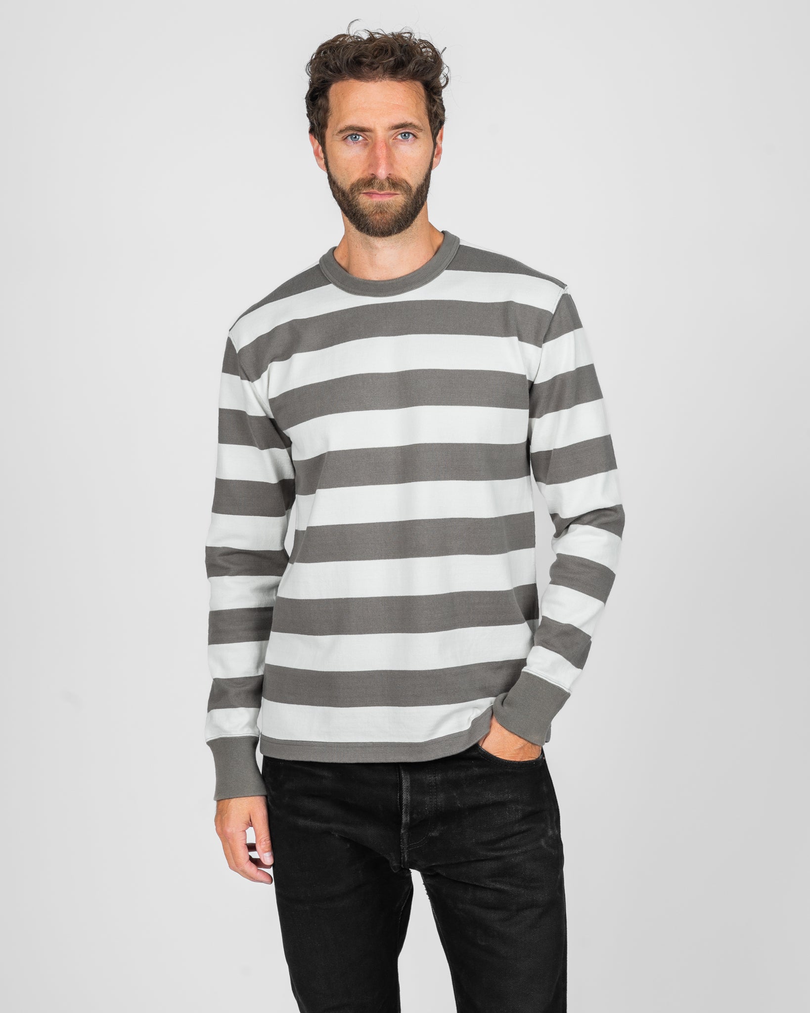 11oz Cotton Knit Long-Sleeved Sweater - Grey/White