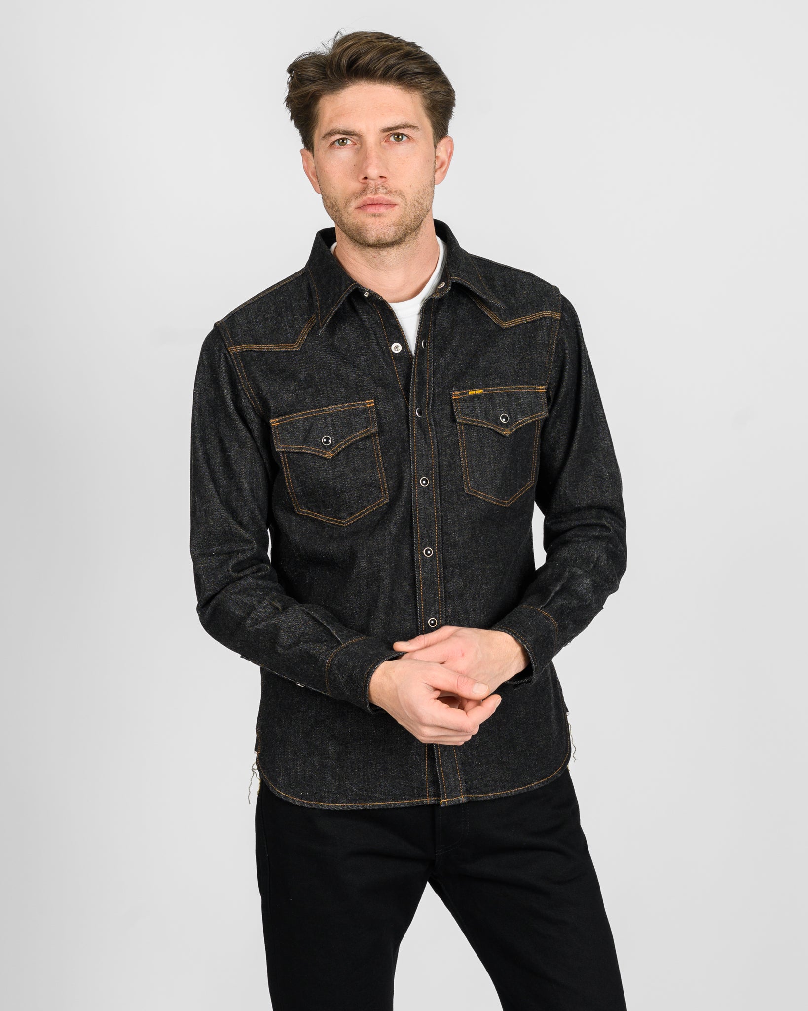 Iron Heart 12oz Selvedge Denim Western Shirt - Black With Black Snaps