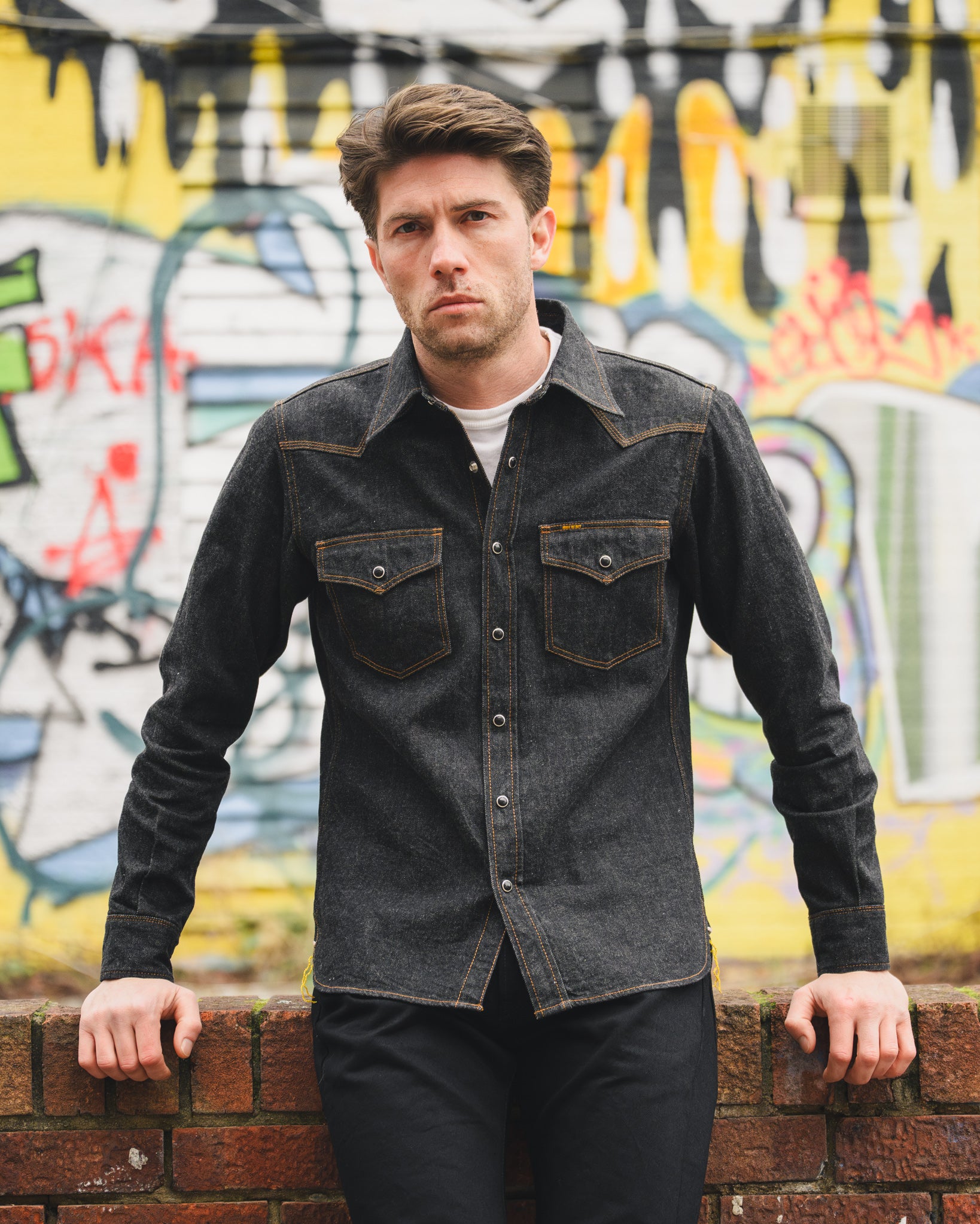 Iron Heart 12oz Selvedge Denim Western Shirt - Black With Black Snaps