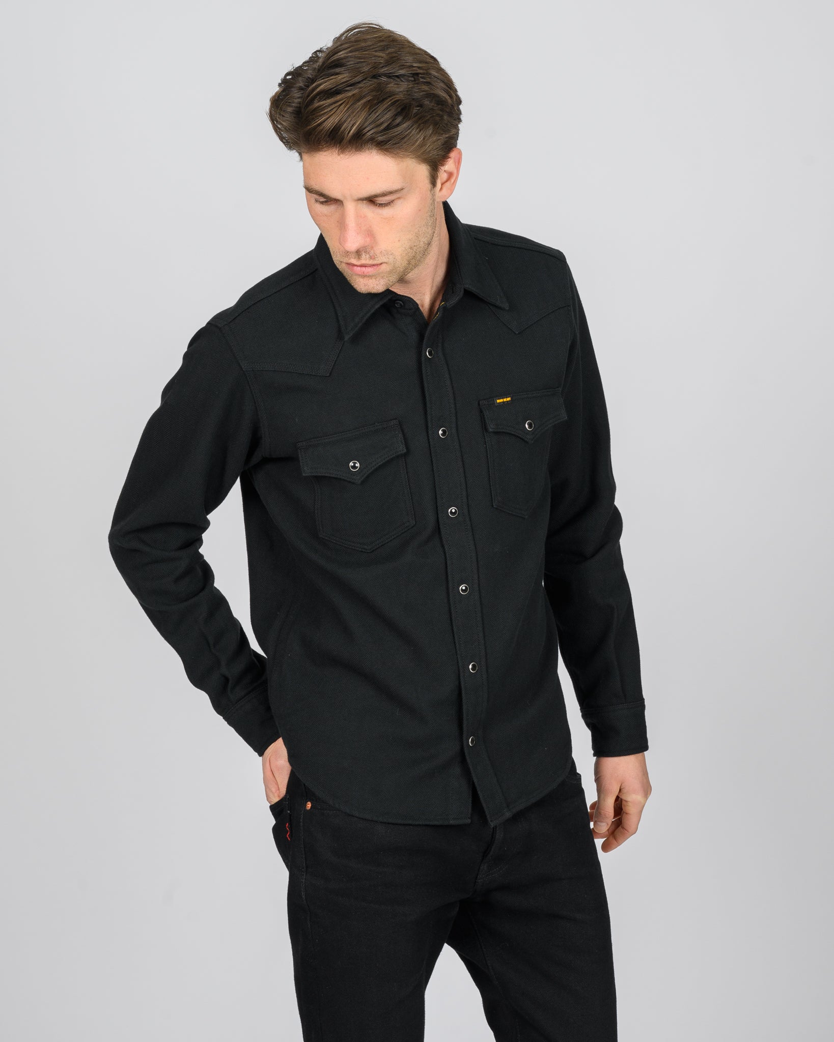 Ultra Heavy Flannel Herringbone Western Shirt - Black