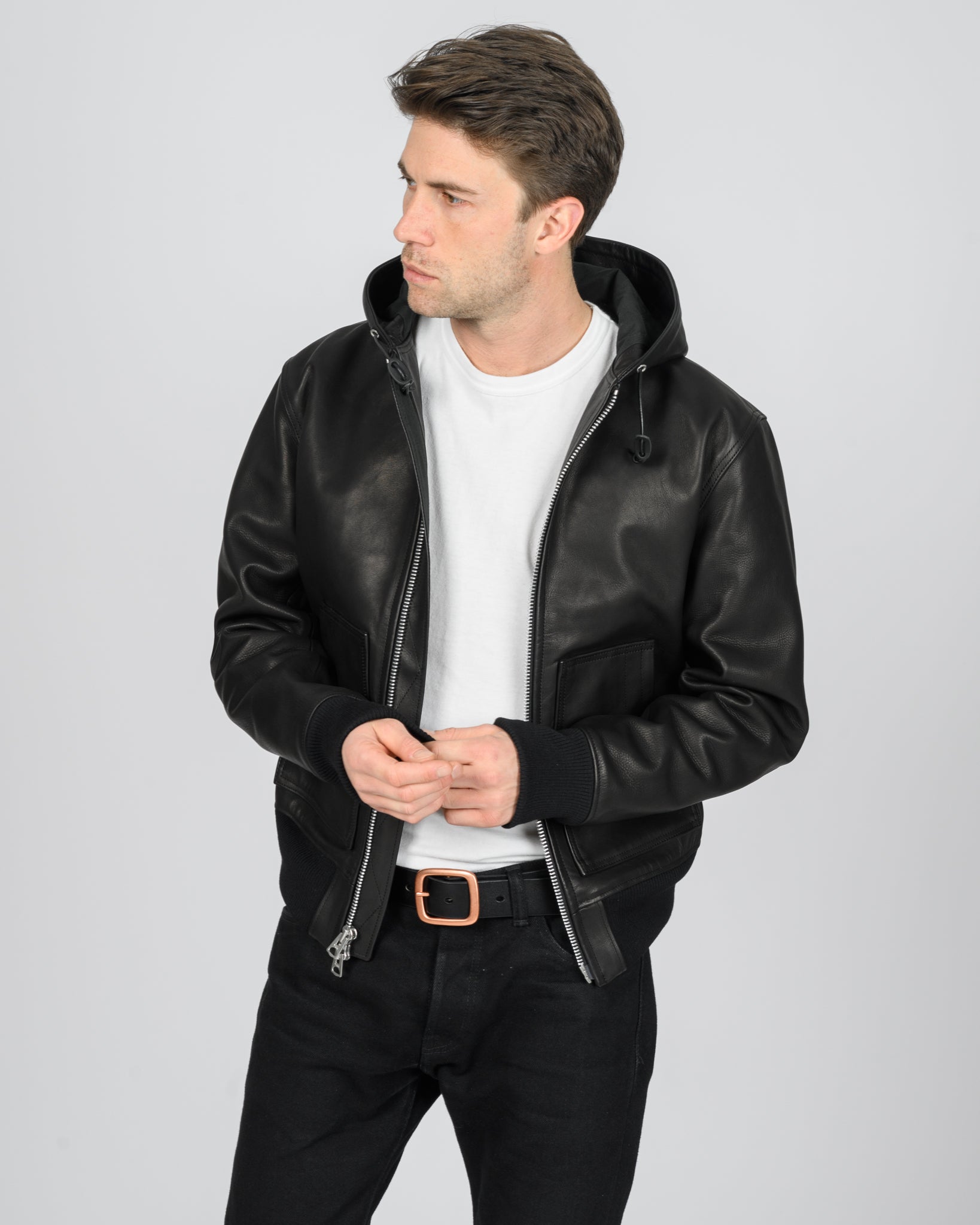 Waterproof Coated Leather Hooded Jacket - Black