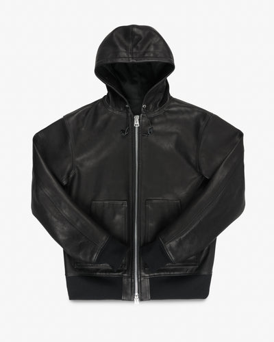 Waterproof Coated Leather Hooded Jacket - Black