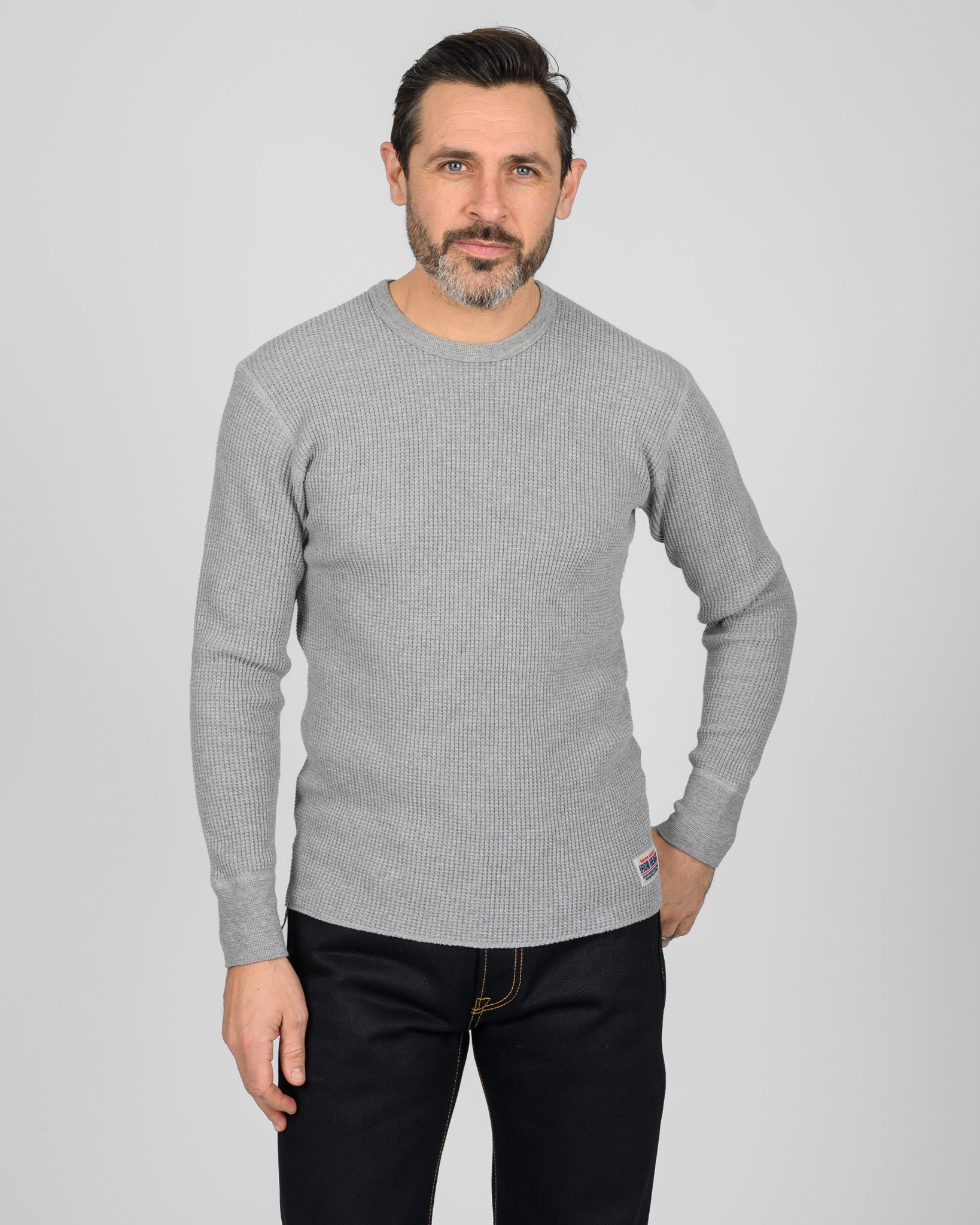 Waffle Knit Long Sleeved Crew Neck Thermal Top - Grey