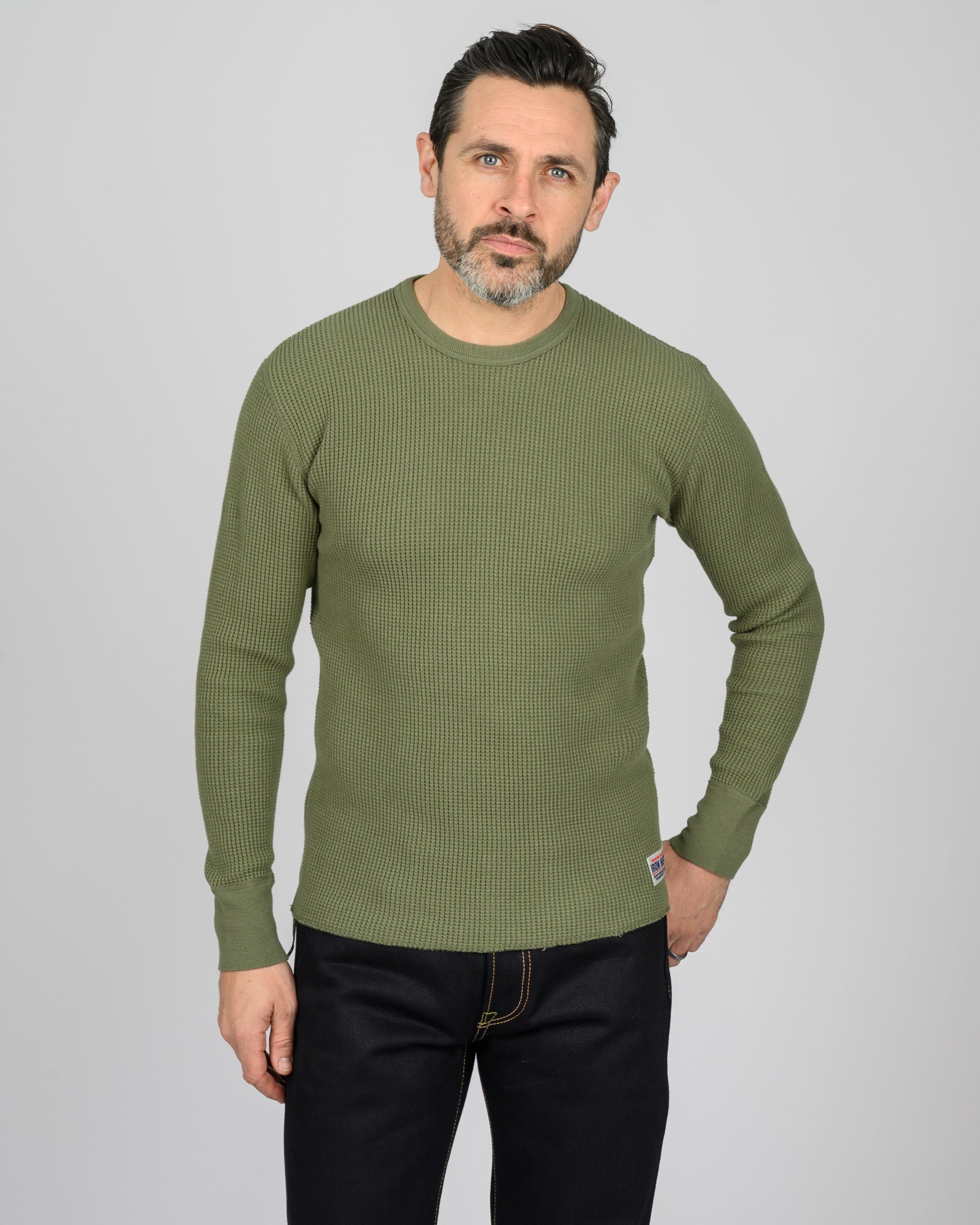 Waffle Knit Long Sleeved Crew Neck Thermal Top - Olive