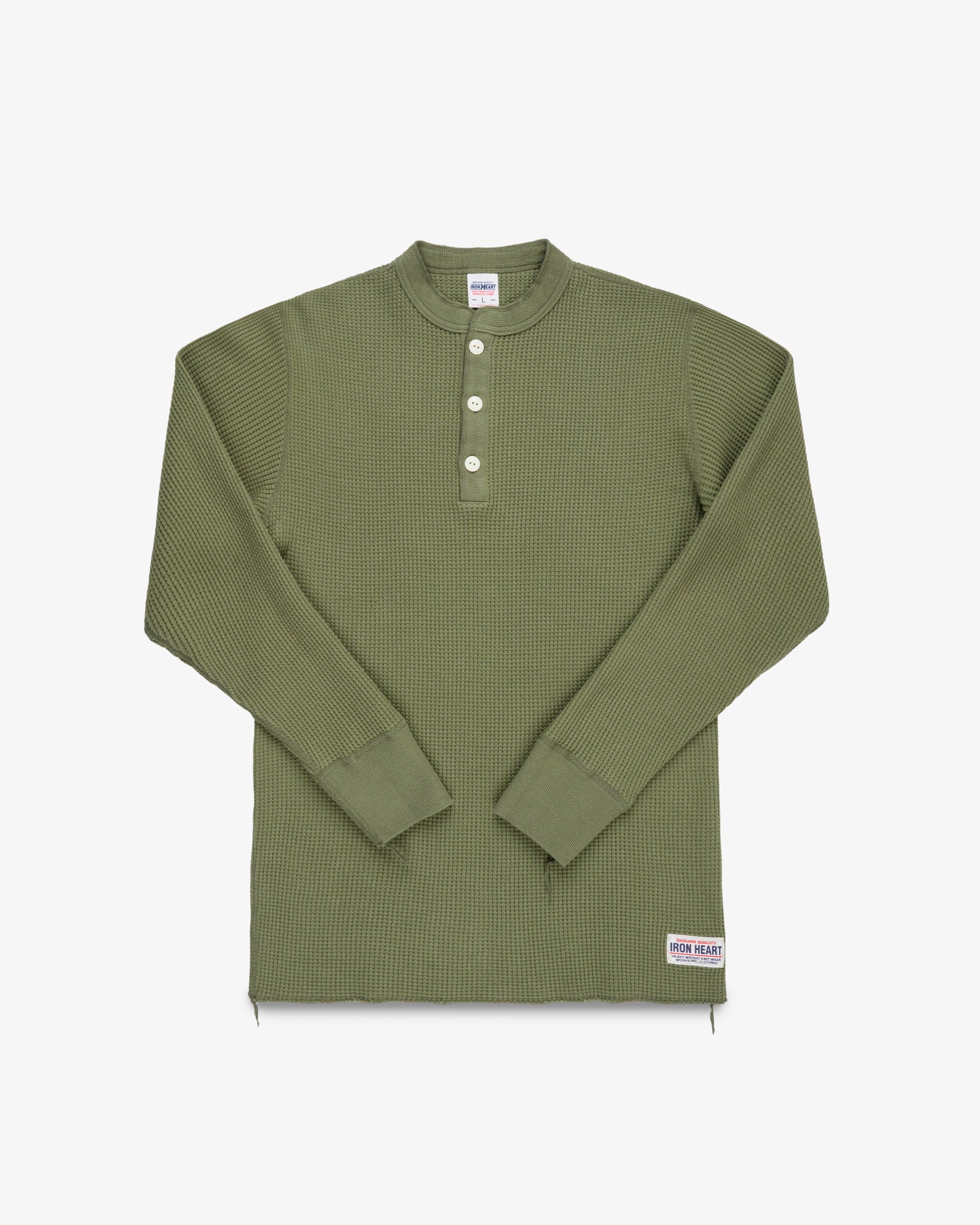 Waffle Knit Long Sleeved Thermal Henley - Olive