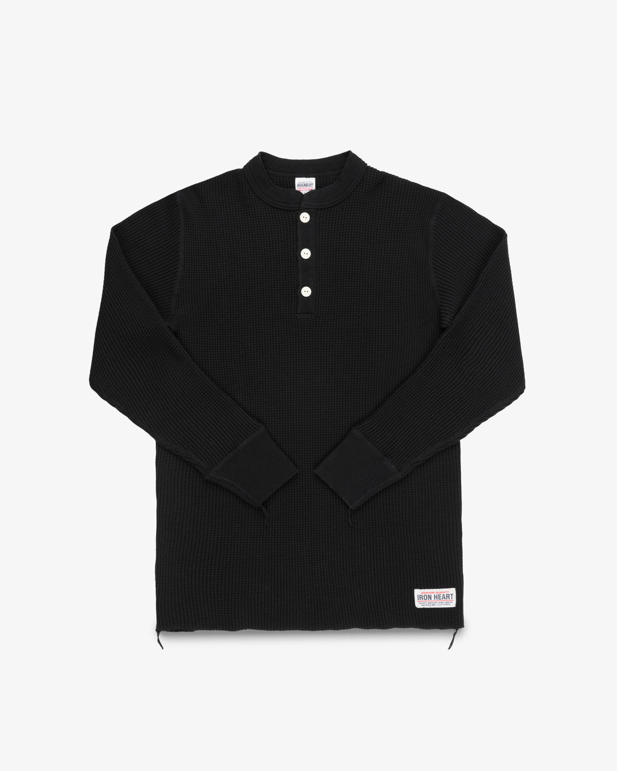 Iron Heart Waffle Knit Long Sleeved Thermal Henley Top - Black