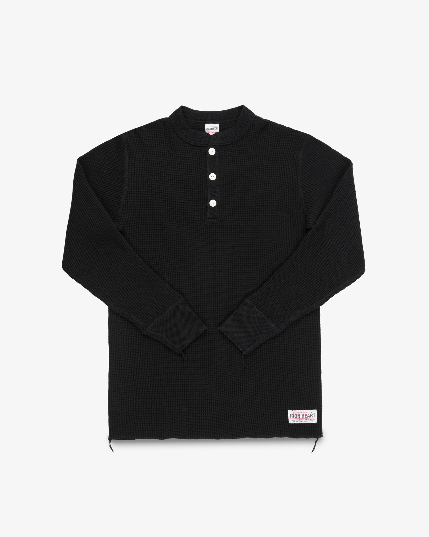 Waffle Knit Long Sleeved Thermal Henley - Black