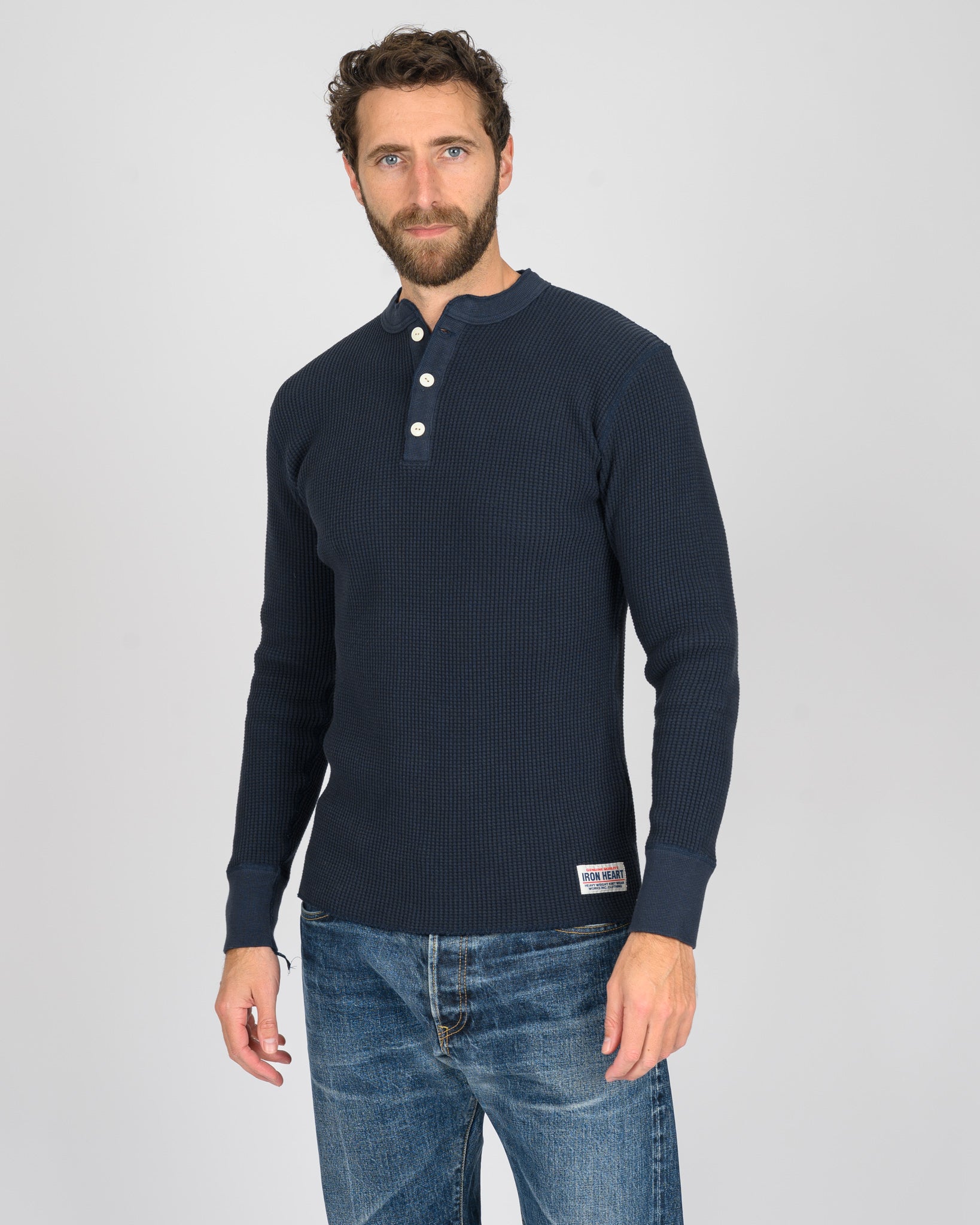 Waffle Knit Long Sleeved Thermal Henley - Navy
