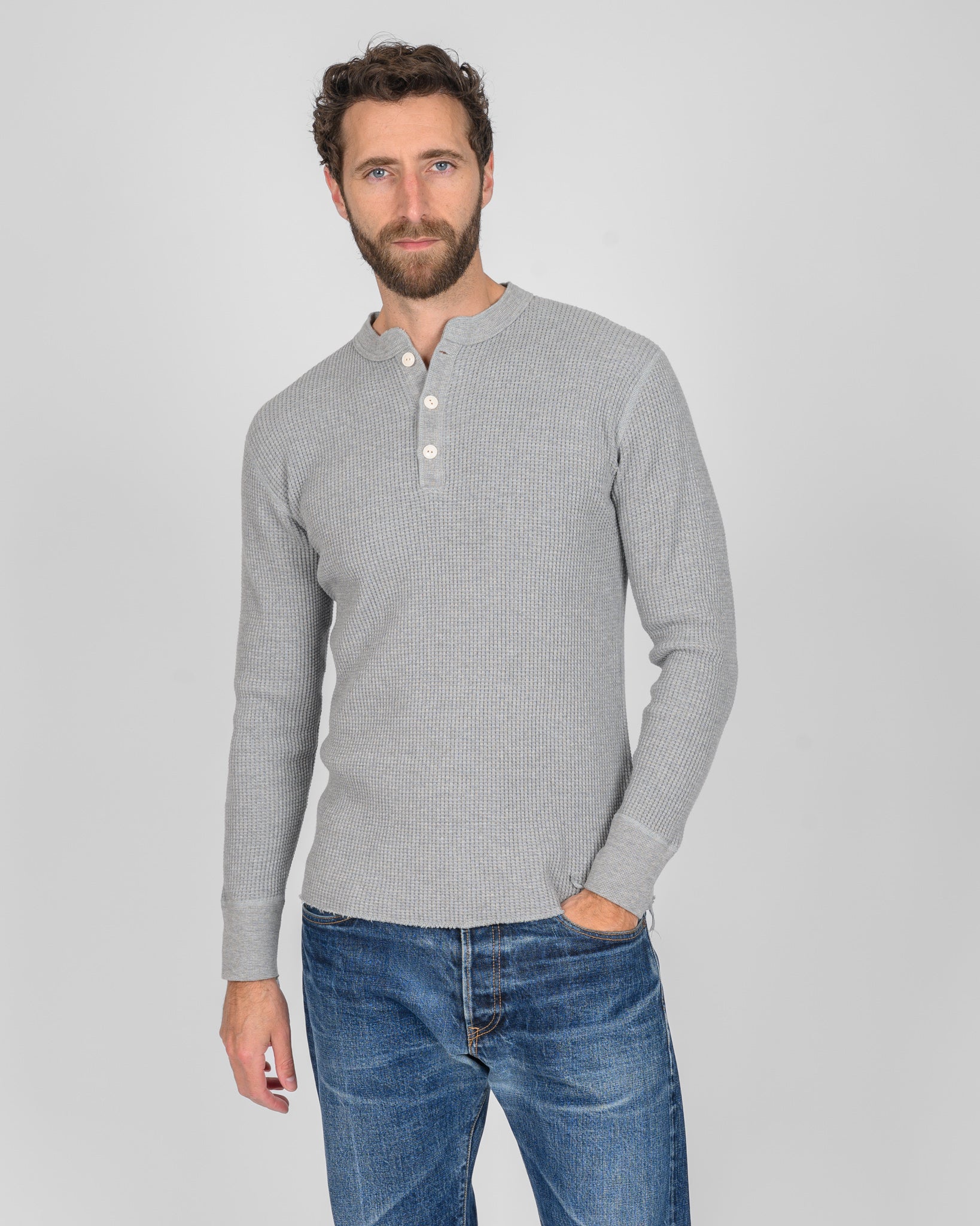 Waffle Knit Long Sleeved Thermal Henley - Grey