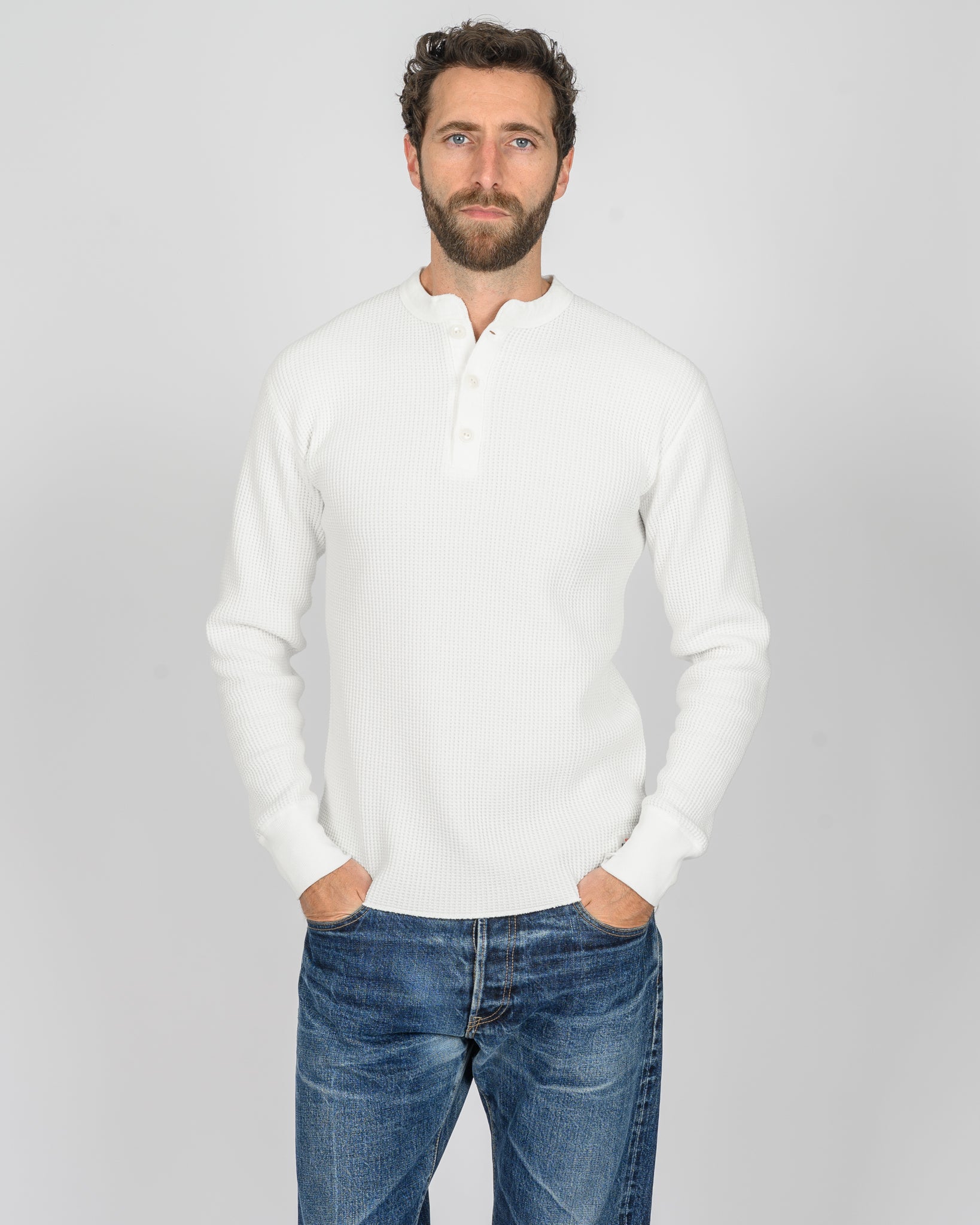 Waffle Knit Long Sleeved Thermal Henley - White