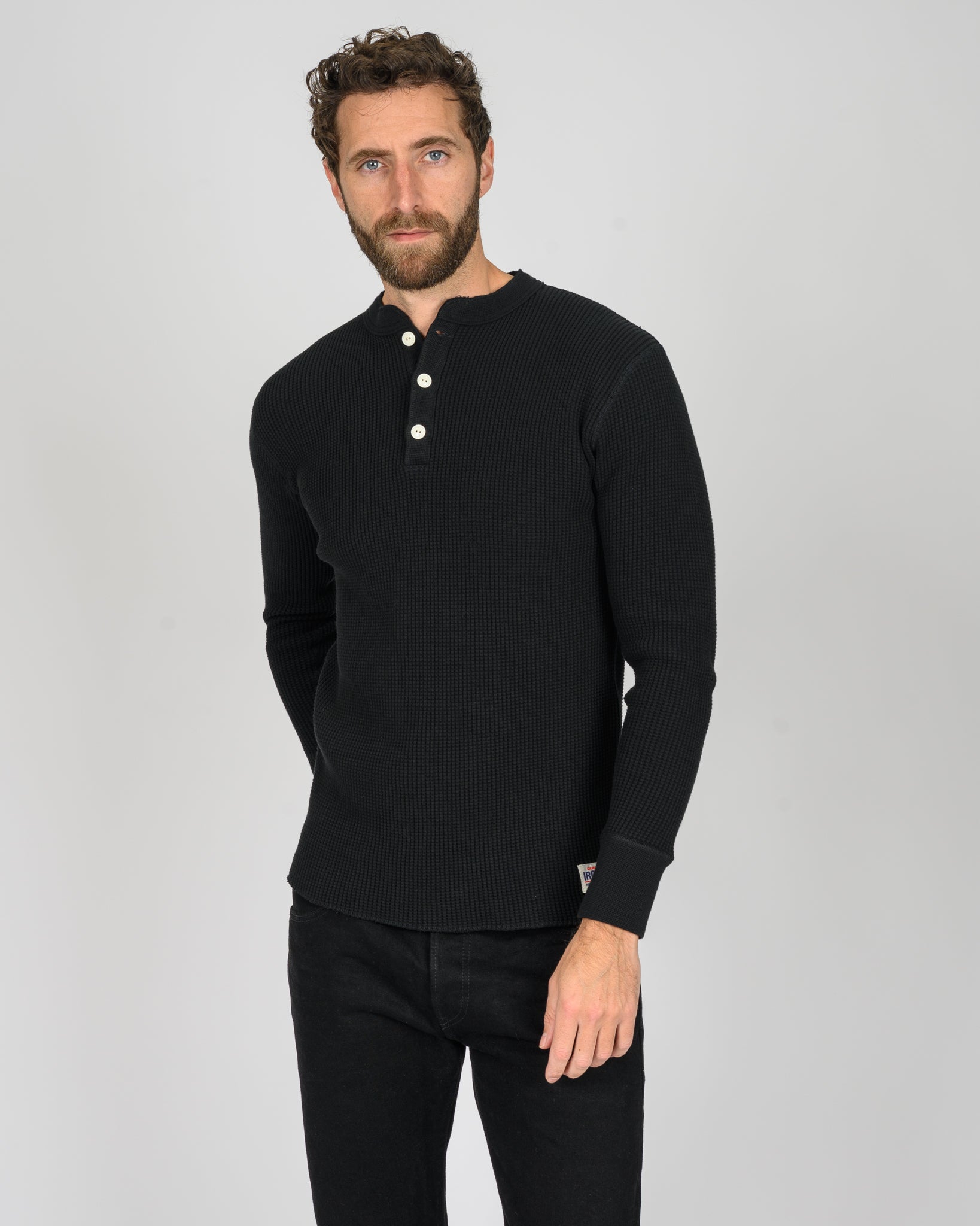Waffle Knit Long Sleeved Thermal Henley - Black