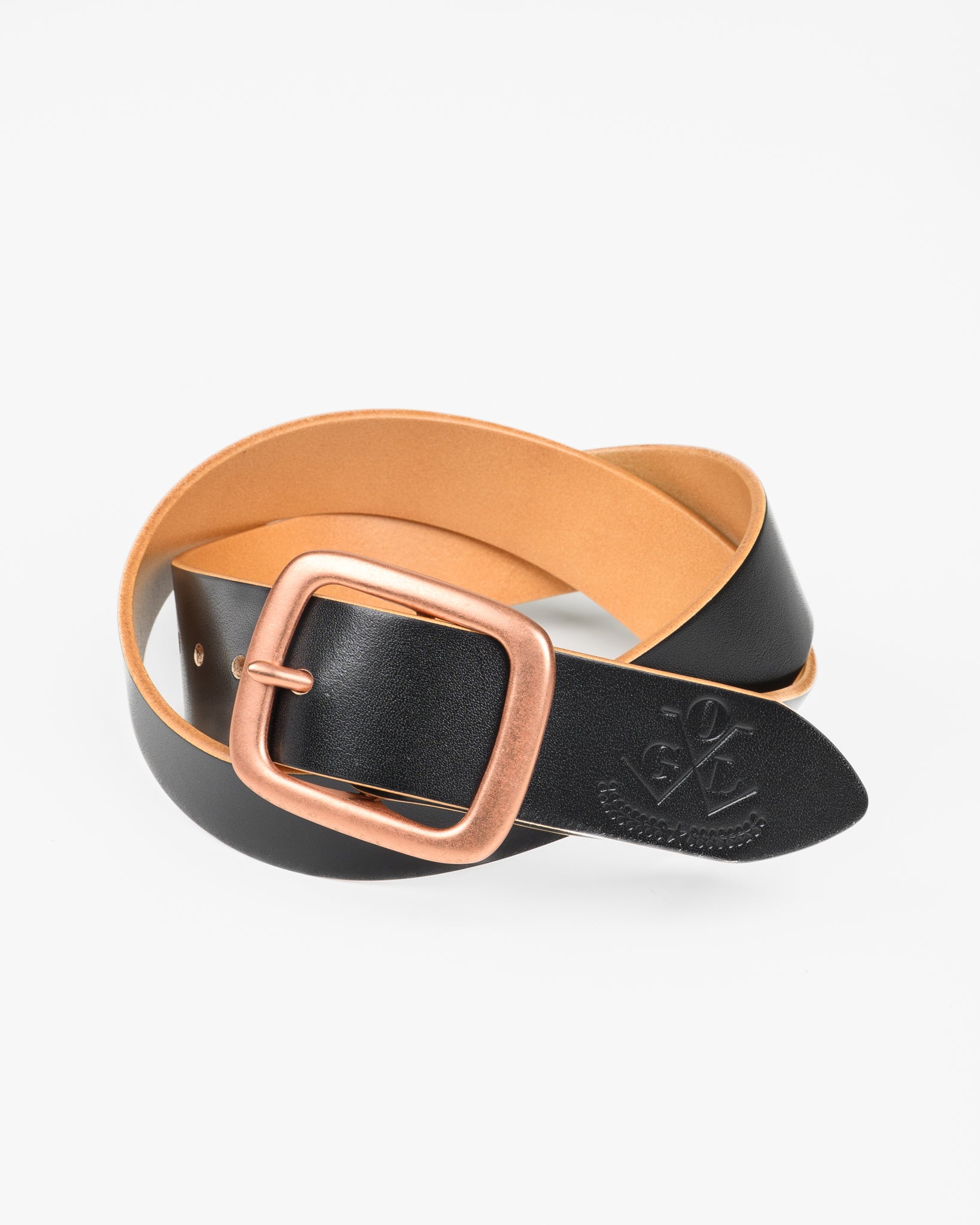 OGL Single Prong Copper Garrison Buckle Leather Belt - Hand Dyed Black