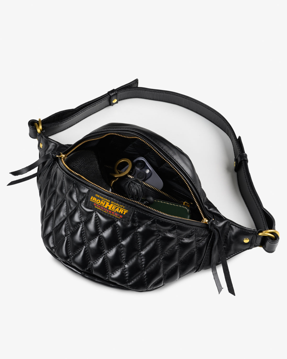 Iron Heart Diamond Stitched Leather Waist Bag Black