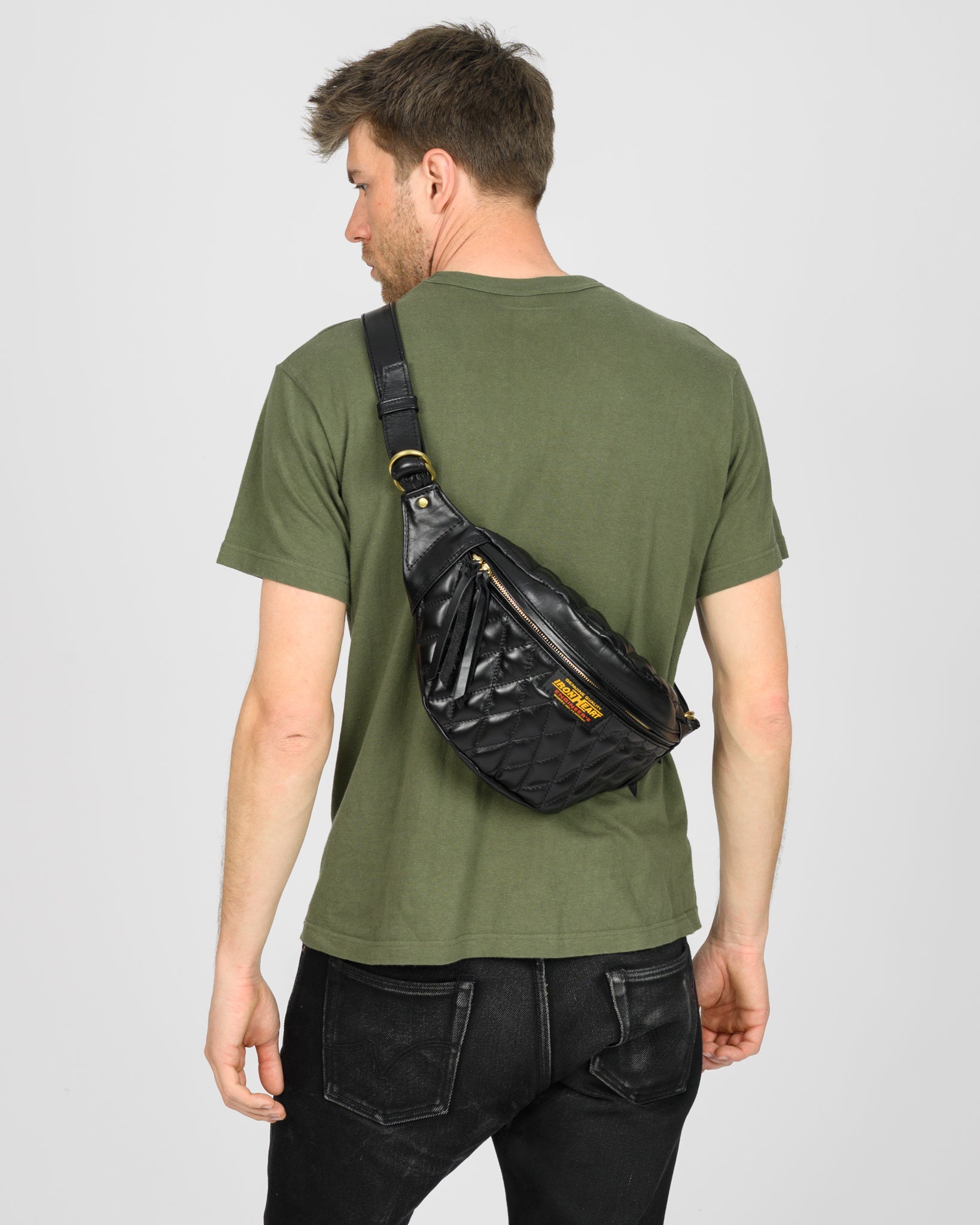 Iron Heart Diamond Stitched Leather Waist Bag Black