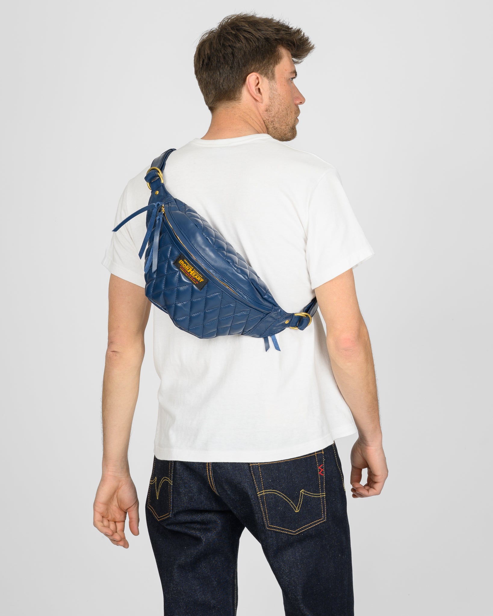 Diamond Stitched Leather Waist Bag - Navy