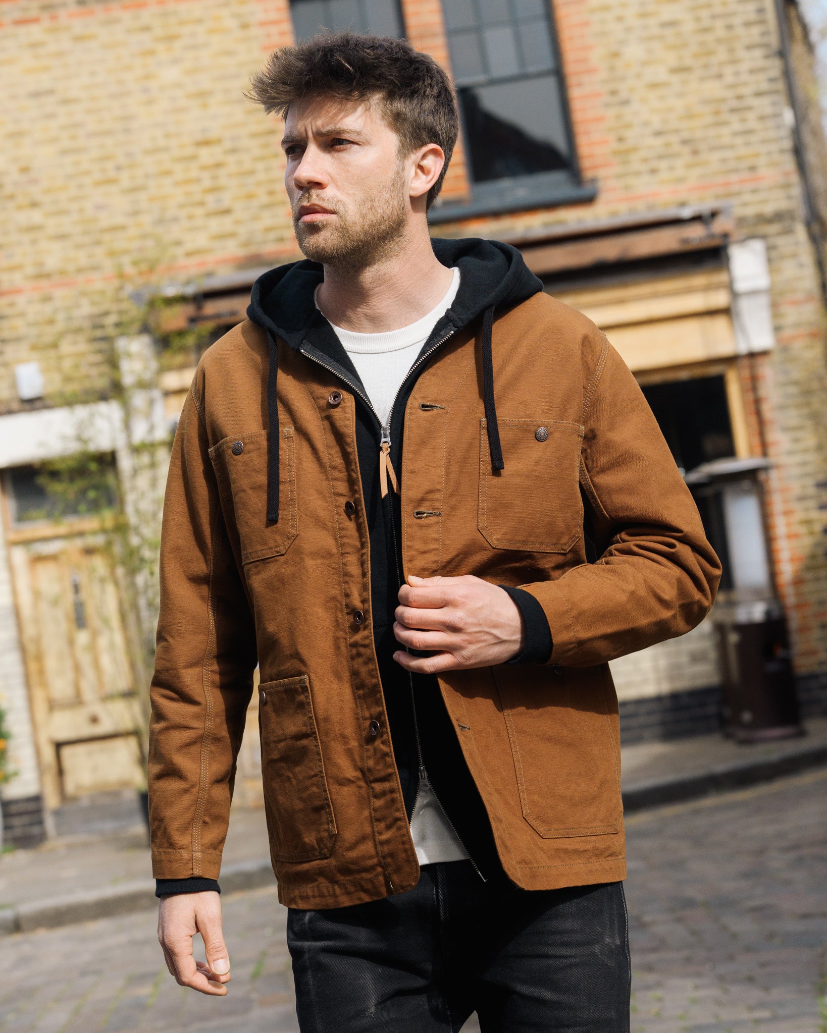13.5oz Duck Collarless Chore Jacket - Brown – Iron Heart
