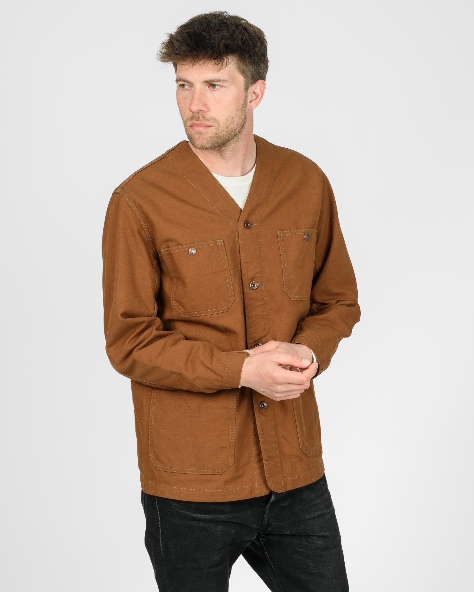 13.5oz Duck Collarless Chore Jacket - Brown – Iron Heart